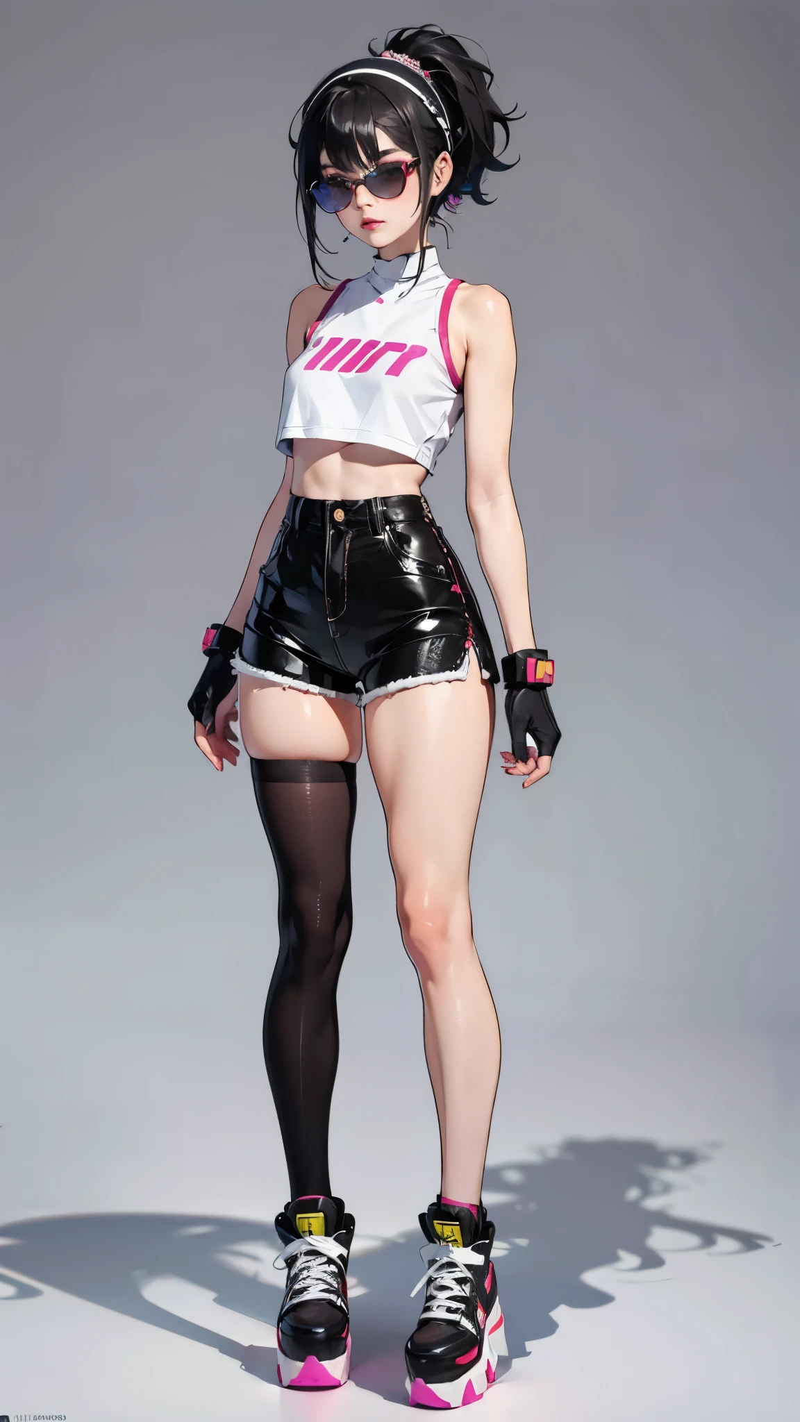 ((best quality,4k,highres,masterpiece:1.2)),((character concept art)), 1 female, 18-year-old Chinese girl, , ((black hair)), big fake , small slim body, perfect shape, heavy makeup, party-lover, luxury goods enthusiast, ((intricate detail)), super finely detailed hands, ultra finely detailed fingers(((ten fingers))), wearing EDM rave costume - neon crop top, high-waist shorts, fishnet tights, platform sneakers, LED gloves, candy bracelets, fuzzy leg warmers, light-up headband, reflective sunglasses, body glitter, (standing casually), (full body showcase), (show full body), (no logos on background), (no logo), ((plain background)), ((plain background)), (((empty background)))