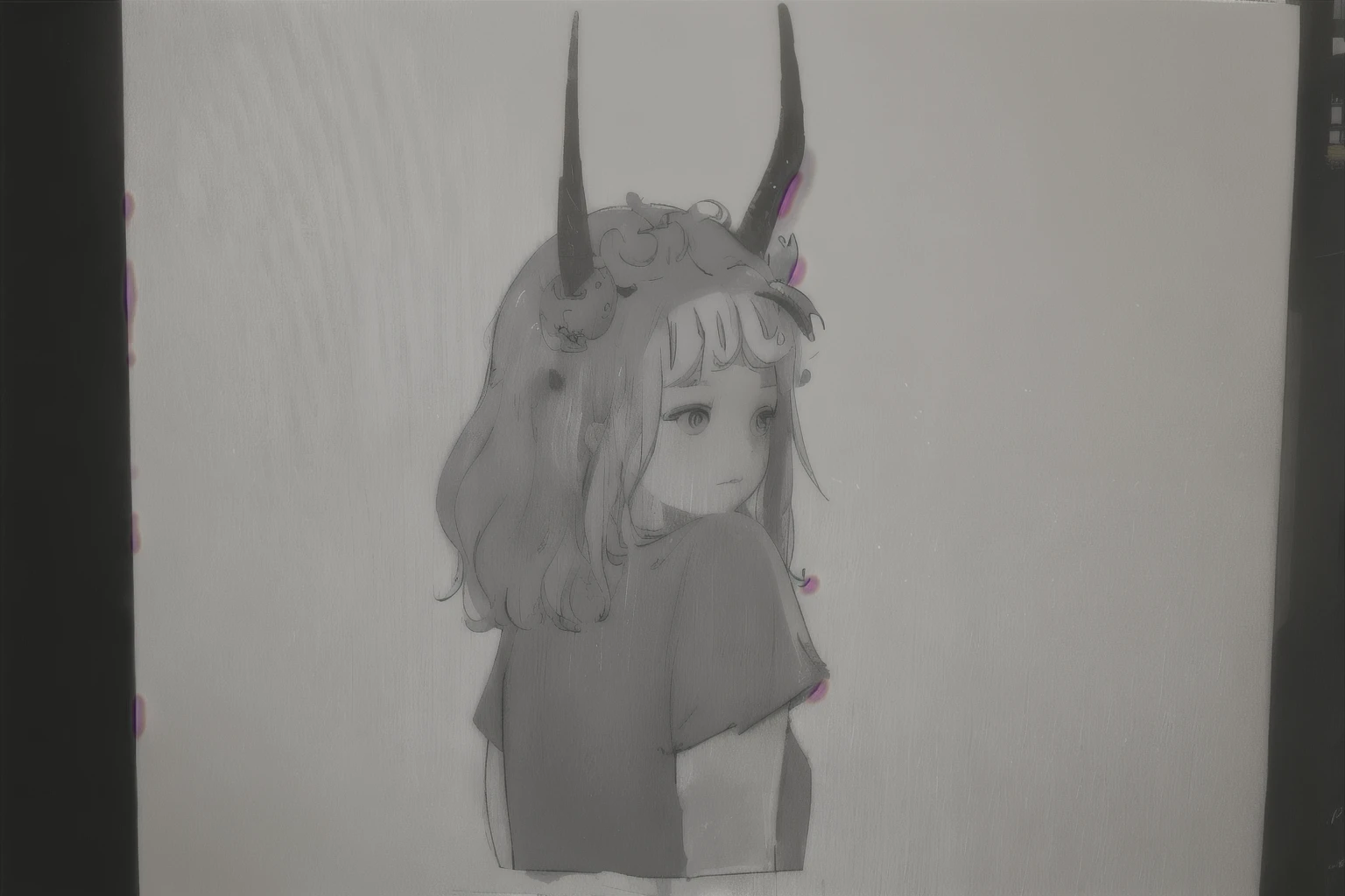 there is a drawing of a girl com chifres on her head, garota projeta chifres exuberantes, com chifres, Goat horns on the head, chifres fofos, com chifres pretos em vez de orelhas, em um capacete com chifres, horns on head, horns on head, horns on head, demon girl, large natural horns on the head, tiefling de d & d, cores vibrantes, pintura suave, pintura, pintura neon, cores claras, 