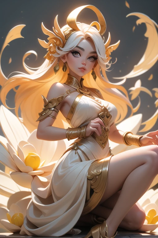 ((best quality)), ((masterpiece)), (detailed), perfect face, abstract art, brush strokes, amazing power, modern tecnique, charmingly face, allure eyes, serene prestigious, full body, china buddish goddess 'guanyin' hand hold white lotus and fighting killed many bad monster with her weapon, power, golden lighting, background floating horrific lighting, magic wave