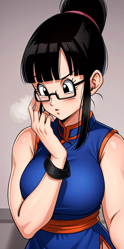 (extremely detailed CG unity 4k wallpaper),(masterpiece),(best quality),(ultra-detailed),(best illustration),(best shadow),(absurdres),(detailed background), Chi Chi (dragon ball), 1girl, solo, black hair, chinese clothes, hands on own face, bangs, blunt bangs, (ponytail), black eyes, china dress, sleeveless, dress, ponytail, hands on own cheeks, wristband, sleeveless dress, upper body, blue dress, :o, long hair, eyelashes, glasses