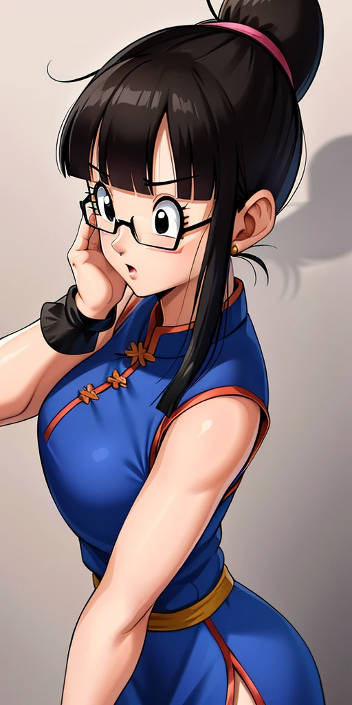 (extremely detailed CG unity 4k wallpaper),(masterpiece),(best quality),(ultra-detailed),(best illustration),(best shadow),(absurdres),(detailed background), Chi Chi (dragon ball), 1girl, solo, black hair, chinese clothes, hands on own face, bangs, blunt bangs, (ponytail), black eyes, china dress, sleeveless, dress, ponytail, hands on own cheeks, wristband, sleeveless dress, upper body, blue dress, :o, long hair, eyelashes, glasses