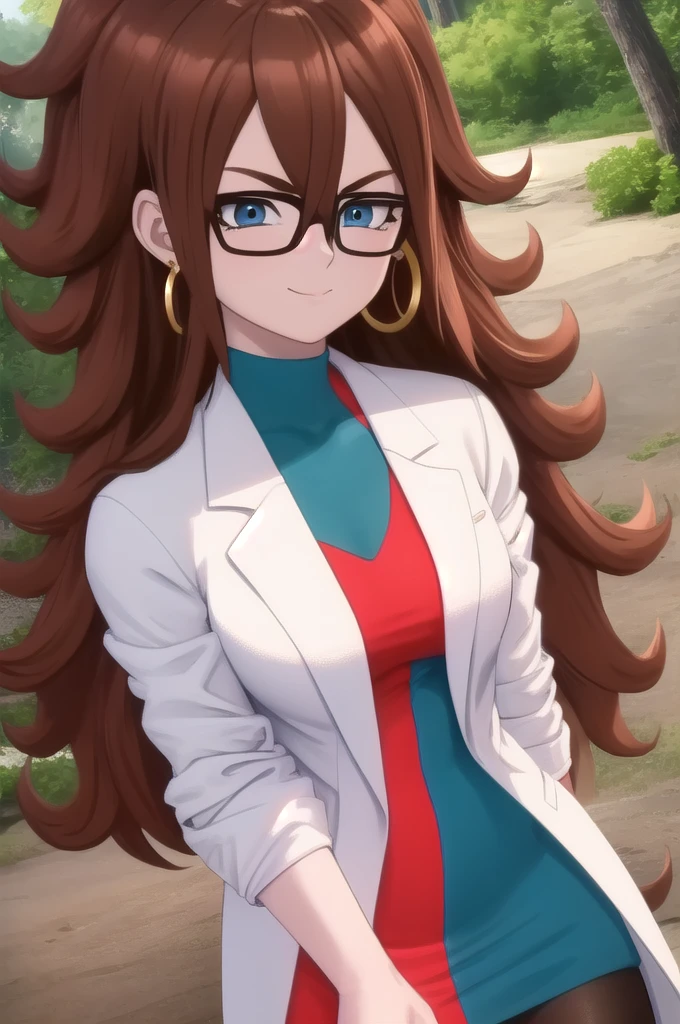 android21, 1girl, solo, blue eyes, brown hair, long hair, curly hair, hair between eyes, jewelry, hoop earrings, glasses,
checkered dress, two-tone dress, multicolored dress, tight dress, turtleneck, black pantyhose, labcoat, long sleeves,
smile,closed mouth,cowboy shot,
forest,outdoor,
(insanely detailed, beautiful detailed face, masterpiece, best quality) cinematic lighting,