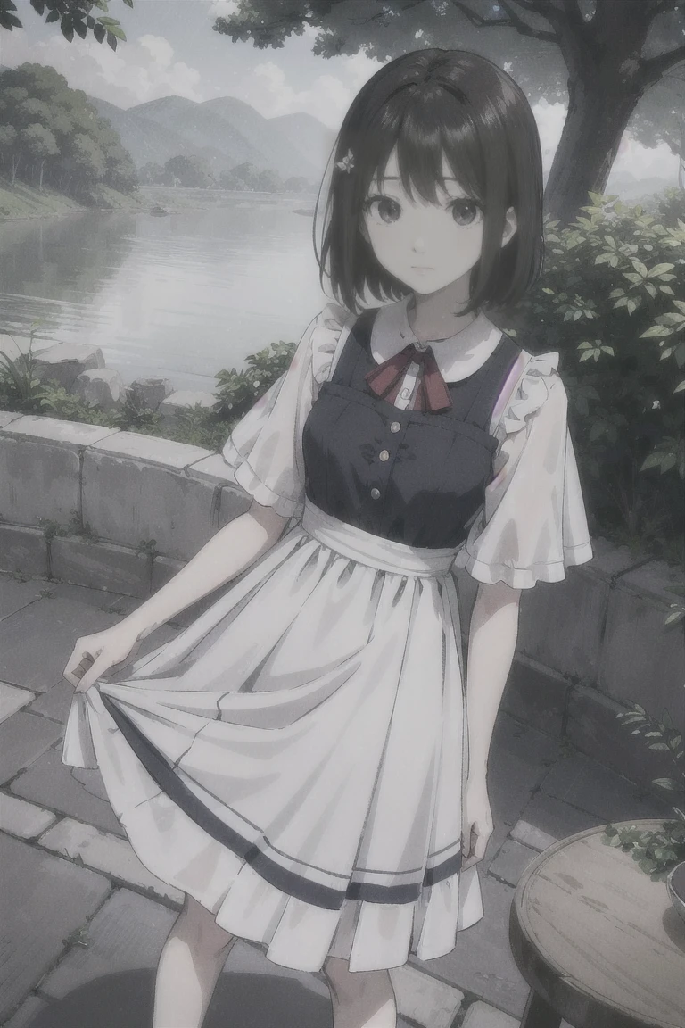 Nakahara_Misaki, 1 garota, Vestido preto, vestido de gola, tiro de vaqueiro, dia, segurando guarda-chuva, guarda-chuva branco, inclinando-se para frente, vestido longo, mangas compridas, olhando para o espectador, ao ar livre, tree,
