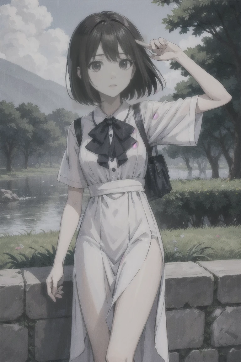 Nakahara_Misaki, 1 garota, Vestido preto, vestido de gola, tiro de vaqueiro, dia, segurando guarda-chuva, guarda-chuva branco, inclinando-se para frente, vestido longo, mangas compridas, olhando para o espectador, ao ar livre, tree, 