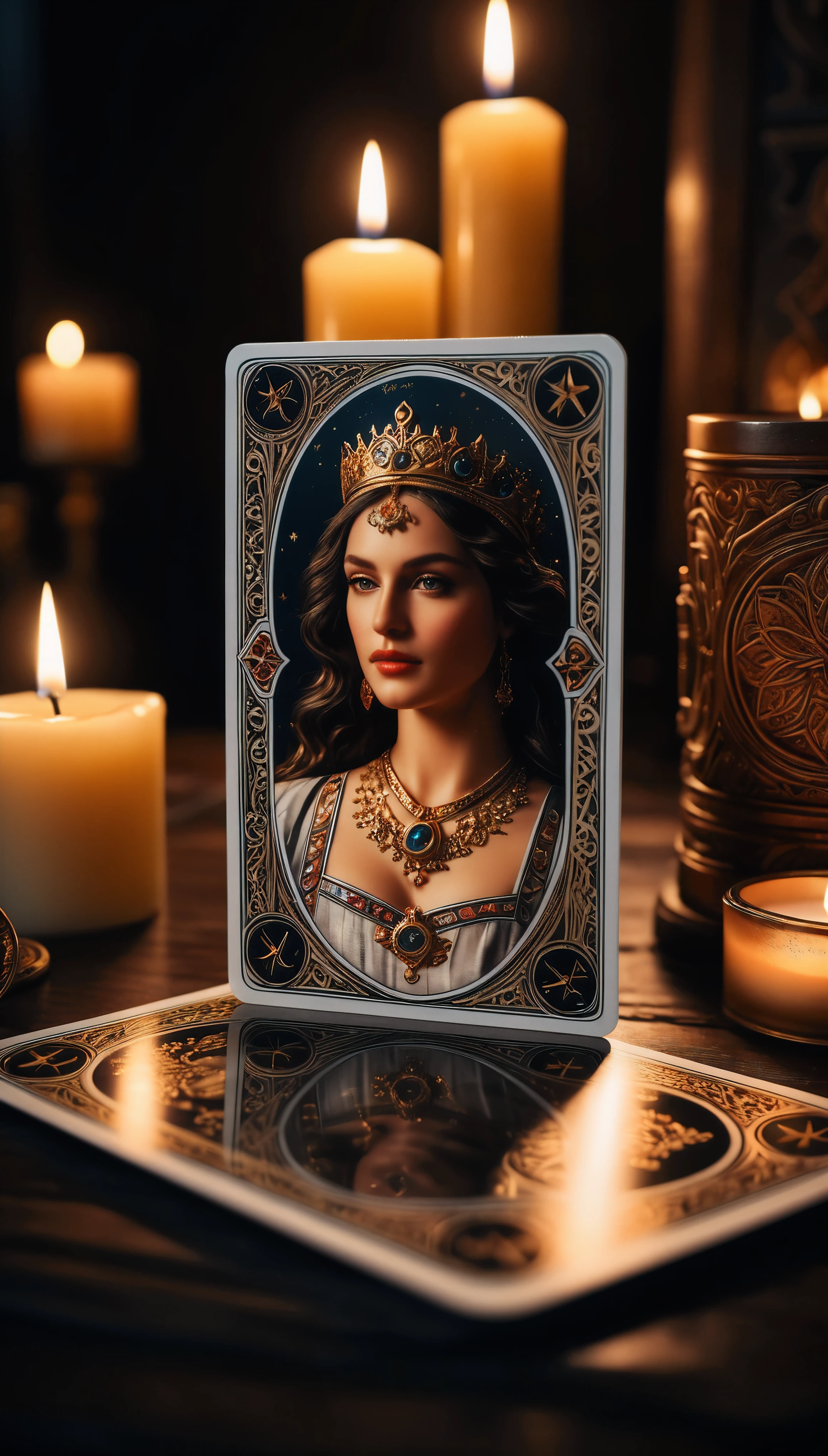 ((Masterpiece in maximum 16K resolution):1.6),((soft_color_photograpy:)1.5), ((Ultra-Detailed):1.4),((Movie-like still images and dynamic angles):1.3). | (Macro shot cinematic photo of Tarot Cards), ((Tarot cards):1.2), (Tarot table), (focus on tarot cards), (macro lens), (exotic antiques), (Dark Candles), (luminous object), (Mysterious atmosphere), (shimmer), (aesthetic DnD vase), (visual experience),(Realism), (Realistic),award-winning graphics, dark shot, film grain, extremely detailed, Digital Art, rtx, Unreal Engine, scene concept anti glare effect, All captured with sharp focus. | Rendered in ultra-high definition with UHD and retina quality, this masterpiece ensures anatomical correctness and textured skin with super detail. With a focus on high quality and accuracy, this award-winning portrayal captures every nuance in stunning 16k resolution, immersing viewers in its lifelike depiction. | ((perfect_composition, perfect_design, perfect_layout, perfect_detail, ultra_detailed)), ((enhance_all, fix_everything)), More Detail, Enhance.