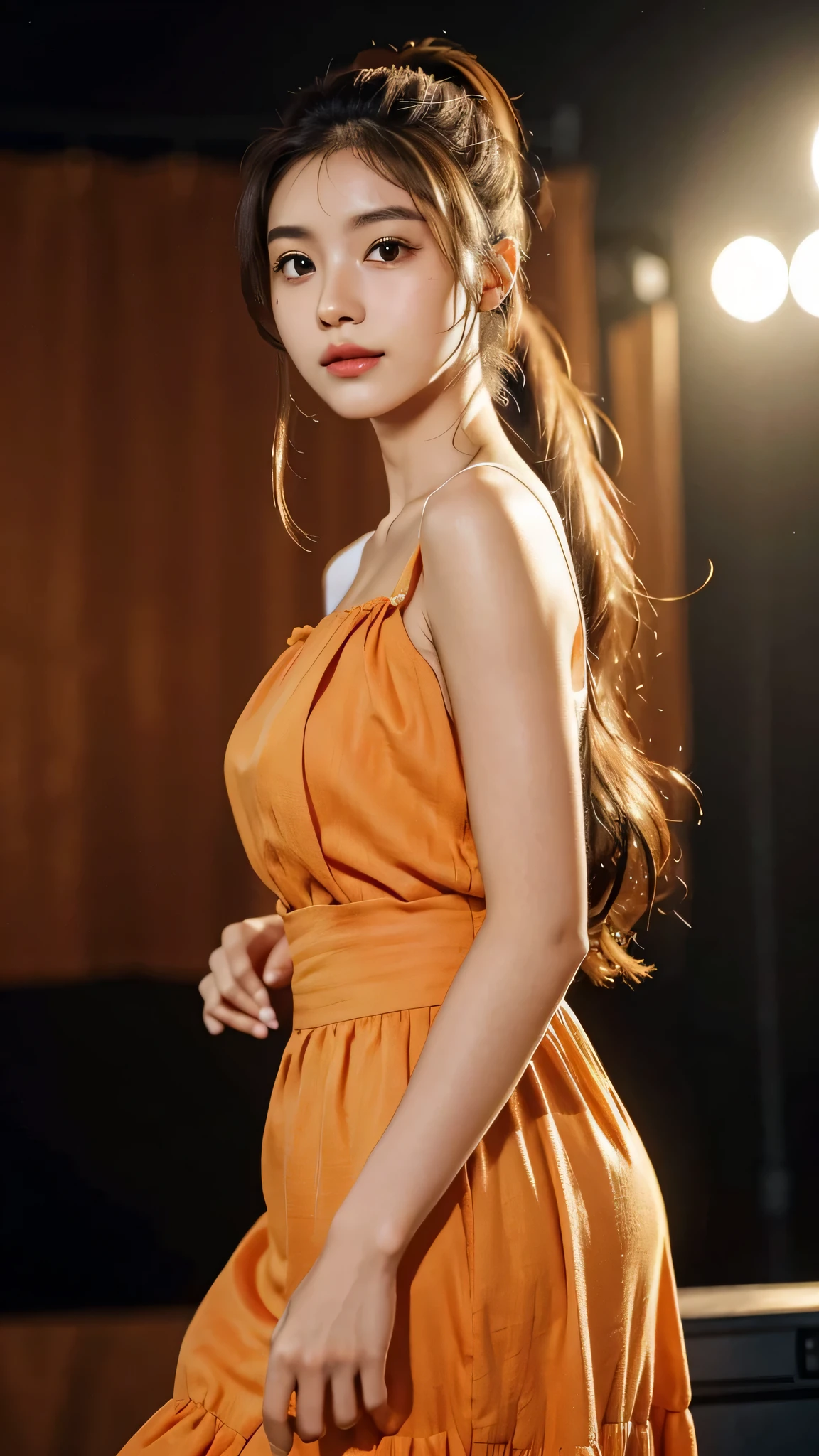 Orange colored long dress with lots of ruffles, softly shaped skirt,Spotlight on stage,close-up of face, One woman,fully body photo,masutepiece, The highest image quality, High quality, the background is clear，Beautiful woman, Japanese, Detailed, Detailed eyes, Detailed skin, Beautiful skin, 超hight resolution, (reality: 1.4),Very beautiful woman, Slightly younger face, Beautiful skin, slender, (Ultra photo realsisim), (hight resolution), (8K), (Very detailed) (beautifully detailed eyes), (super detailed),   (Detailed face), view the viewer, Fine details, Detailed face, Staring straight ahead, Staring straight ahead, photos realistic, Bright lighting, Professional Lighting, Black hair,poneyTail,a baby face,sixteen years old,Hairstyle is ponytail,long ponytail hairstyle,slight smile,