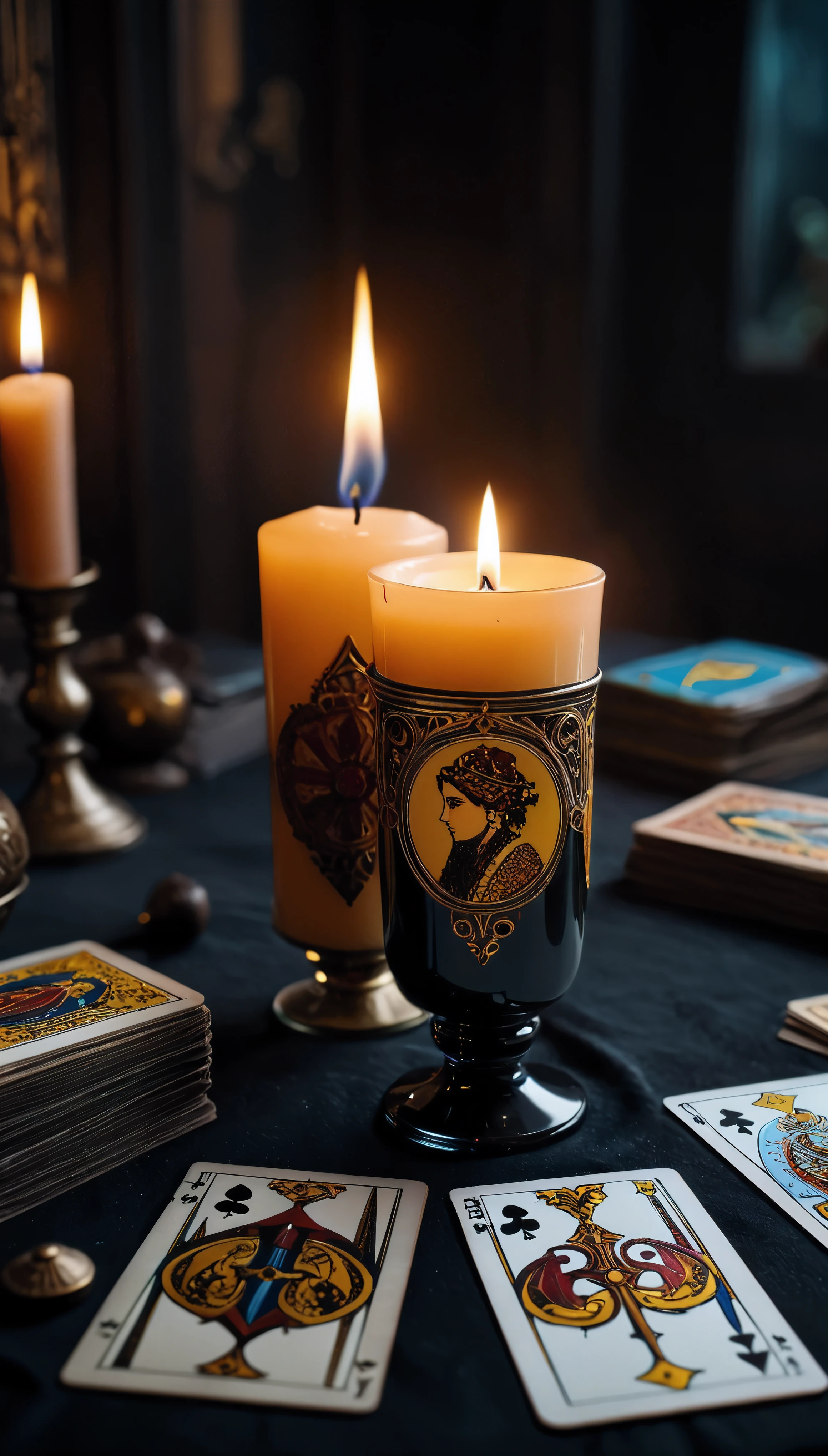 ((Masterpiece in maximum 16K resolution):1.6),((soft_color_photograpy:)1.5), ((Ultra-Detailed):1.4),((Movie-like still images and dynamic angles):1.3). | (Macro shot cinematic photo of Tarot Cards), ((Tarot cards):1.2), (Tarot table), (focus on tarot cards), (macro lens), (exotic antiques), (Dark Candles), (luminous object), (Mysterious atmosphere), (shimmer), (aesthetic DnD vase), (visual experience),(Realism), (Realistic),award-winning graphics, dark shot, film grain, extremely detailed, Digital Art, rtx, Unreal Engine, scene concept anti glare effect, All captured with sharp focus. | Rendered in ultra-high definition with UHD and retina quality, this masterpiece ensures anatomical correctness and textured skin with super detail. With a focus on high quality and accuracy, this award-winning portrayal captures every nuance in stunning 16k resolution, immersing viewers in its lifelike depiction. | ((perfect_composition, perfect_design, perfect_layout, perfect_detail, ultra_detailed)), ((enhance_all, fix_everything)), More Detail, Enhance.