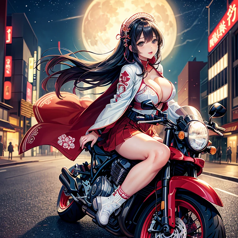 super detailed、masterpiece、highest quality、超A high resolution、8K、High level image quality、Transparency that looks great in photos、detailed eye、real live action、Gradation、perfect anatomical body proportions ,hard disk、nffsw , Nikon Z9 80mm Renaste Piece、(((Japanese female motorcycle gang、A long coat special attack suit that is bright red ankle-high、Special attack uniform with Japanese embroidery)))、((The bottoms are a bright red mini tight skirt.、Long slit)))、Shoes are high heels made of bright red enamel material、White enamel belt at the waist、Raise one leg on a motorcycle、squat、spread legs、Sitting on the seat of a runaway 400cc motorcycle、Colorful and cool bicycles、look at the camera、The panties are made of white lace material、panty up、panty zoom、white lace panties、Highway at night、Streetlights are lined up、shine a light、A beautiful full moon lights up the night sky、stars in the night sky、Mob of spectators、A gallery where many fans gather、camel toe、huge tit、nipple puff、cleavage、motorcycle riding spirit