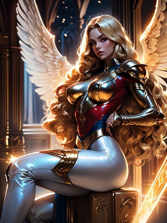 Best quality, 8K, action pose, holding a golden sword,woman vintage super hero, beautiful and detailed face, blonde curly long hair,big eyelashes,angel wings,LOOKING TO observer,red and blue metalic armour over bodystocking, SHINY GLOSSY PANTYHOSE,black belt,over the knee boots,white neutral scenario