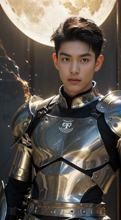 A asian boy like Mighty Archangel Michael,19 years old, handsome, Full Body Shoot, Short Quiff hairstyle, (eyes contact), look at camera, detailed facial parts, Manly, with a muscular constitution :: high detail, is in battle armor, flaming blue sword of golden pearls, a flaming sacred aura radiating from his body, without wings, moon background, surreal, fantasy, magical, intricate details, (dynamic upper body posture: 1.1), depth of field. Best quality, masterpiece, ultra high resolution, (anime realism, photorealistic: 1.4), perfect composition, centered, symmetry