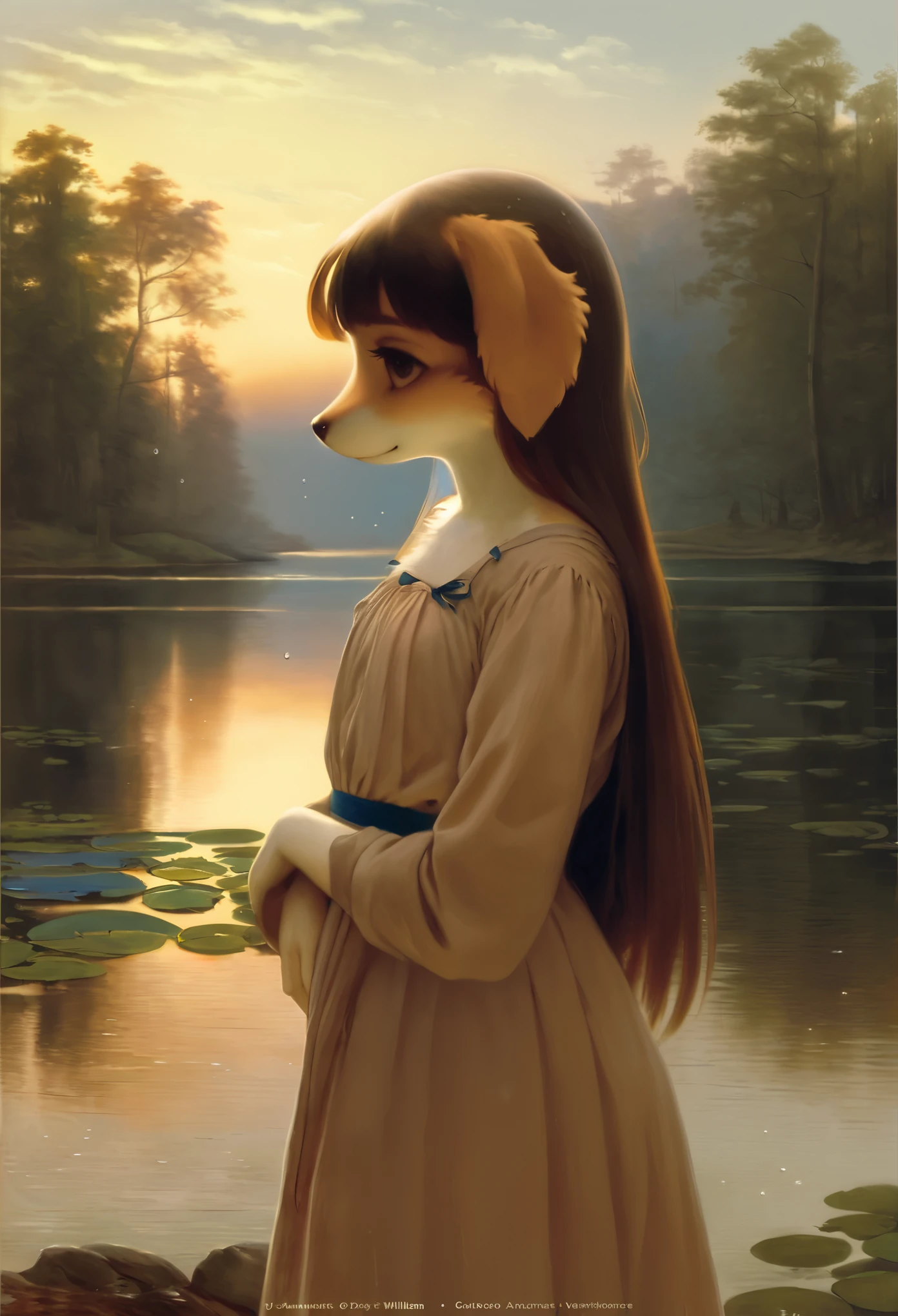 High-quality illustrations by John William Waterhouse, by Johannes Vermeer, cover_page, highres, absurdres, detailed background, lake, dawn, detailed forest, clouds, Mysterious and romantic atmosphere, caustics surface(refraction, polarization:1.2)perfect anatomy(cute 1girl, single:1.4, kemono, solo focus, boy)volumetric lighting, Wet clothes, Water droplets, (furry anthro:1.7)(Furry body, dog facial features, dog body features)(very detailed body fur)full body, soft and delicate color palette, dramatic composition, deep shadow, dynamic lighting,