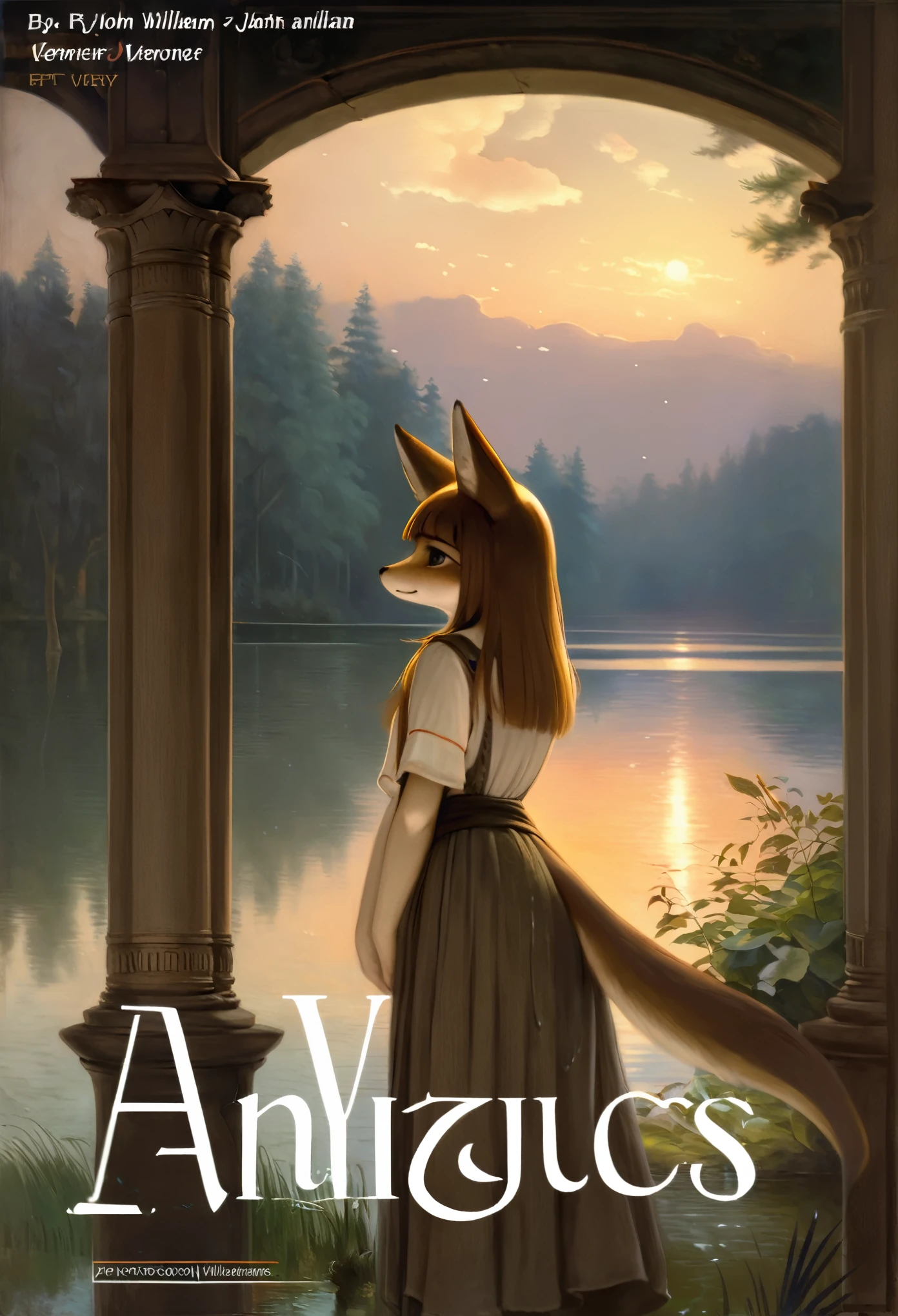High-quality illustrations by John William Waterhouse, by Johannes Vermeer, cover_page, highres, absurdres, detailed background, lake, dawn, detailed forest, clouds, Mysterious and romantic atmosphere, caustics surface(refraction, polarization:1.2)perfect anatomy(cute 1girl, single:1.4, kemono, solo focus, boy)volumetric lighting, Wet clothes, Water droplets, (furry anthro:1.7)(Furry body, dog facial features, dog body features)(very detailed body fur)full body, soft and delicate color palette, dramatic composition, deep shadow, dynamic lighting,