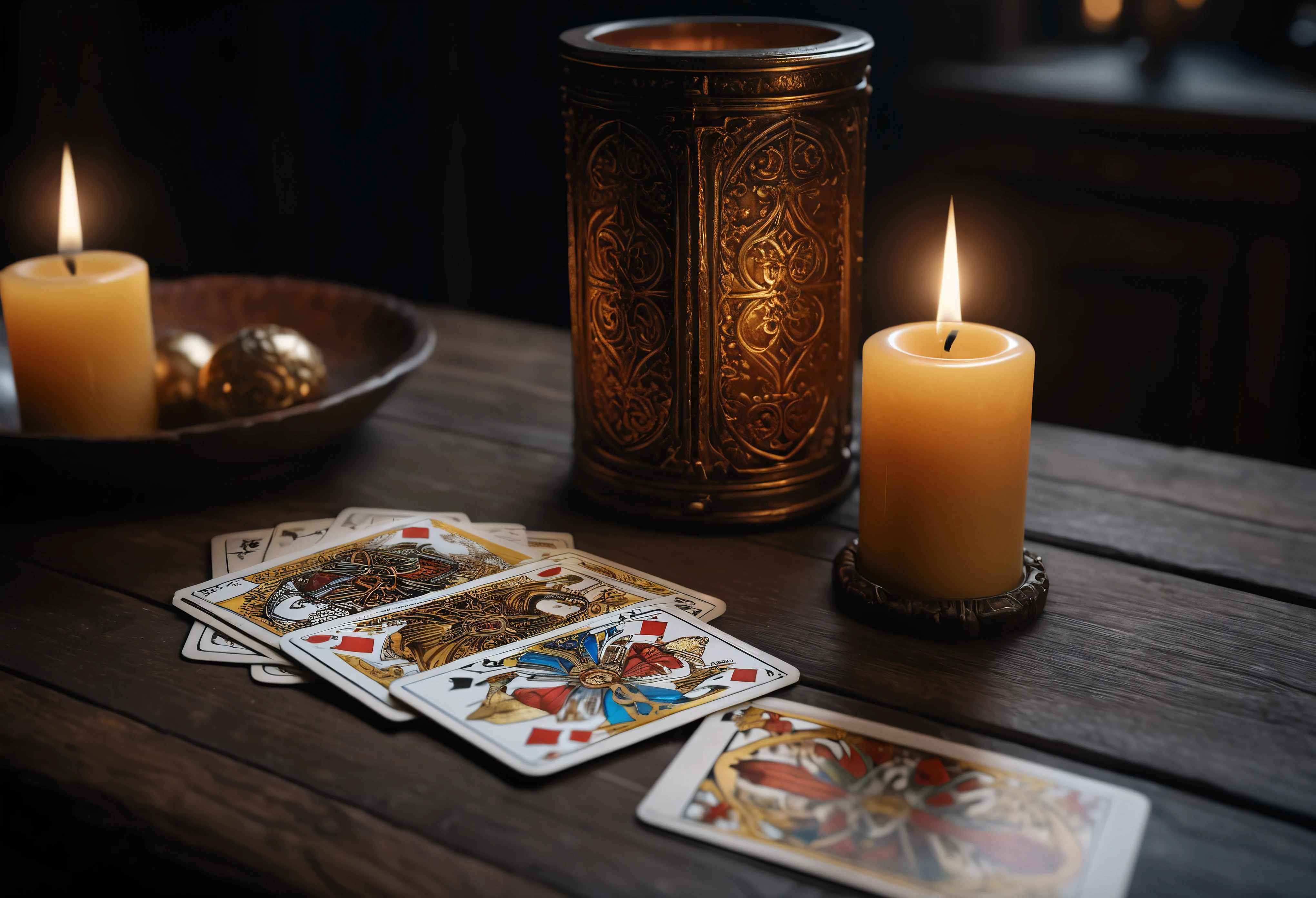 ((Masterpiece in maximum 16K resolution):1.6),((soft_color_photograpy:)1.5), ((Ultra-Detailed):1.4),((Movie-like still images and dynamic angles):1.3). | (Macro shot cinematic photo of Tarot Cards), ((Tarot cards):1.2), (Tarot table), (focus on tarot cards), (macro lens), (exotic antiques), (Dark Candles), (luminous object), (Mysterious atmosphere), (shimmer), (aesthetic DnD vase), (visual experience),(Realism), (Realistic),award-winning graphics, dark shot, film grain, extremely detailed, Digital Art, rtx, Unreal Engine, scene concept anti glare effect, All captured with sharp focus. | Rendered in ultra-high definition with UHD and retina quality, this masterpiece ensures anatomical correctness and textured skin with super detail. With a focus on high quality and accuracy, this award-winning portrayal captures every nuance in stunning 16k resolution, immersing viewers in its lifelike depiction. | ((perfect_composition, perfect_design, perfect_layout, perfect_detail, ultra_detailed)), ((enhance_all, fix_everything)), More Detail, Enhance.