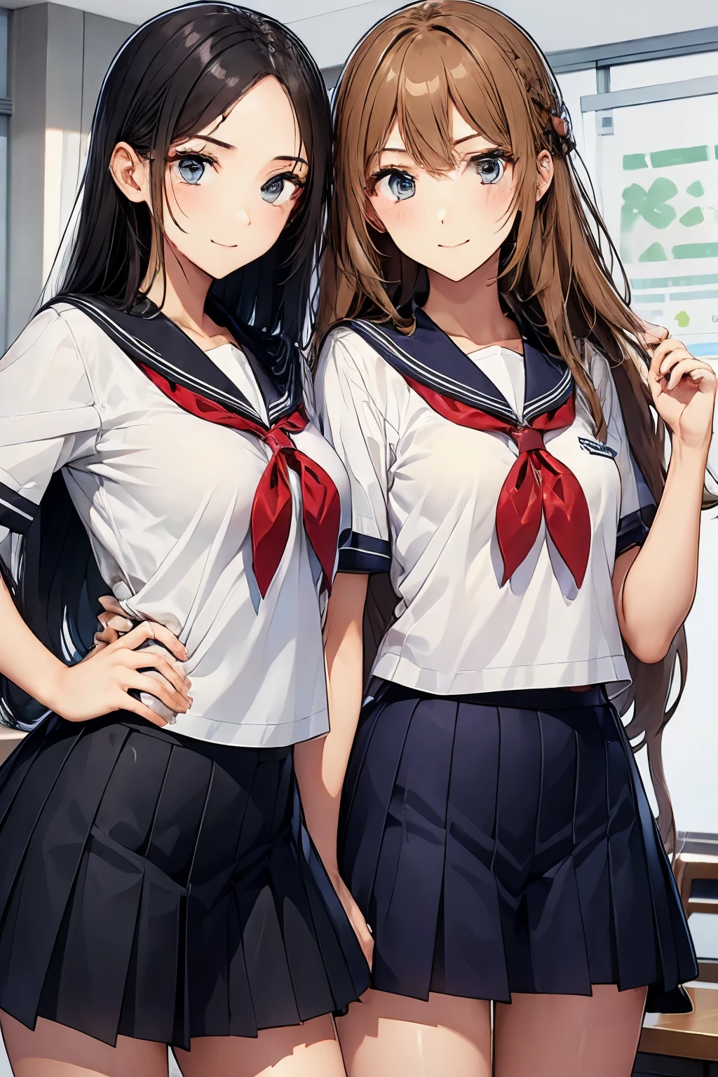 Two high school girls playing with each other、seductive smile、classroom