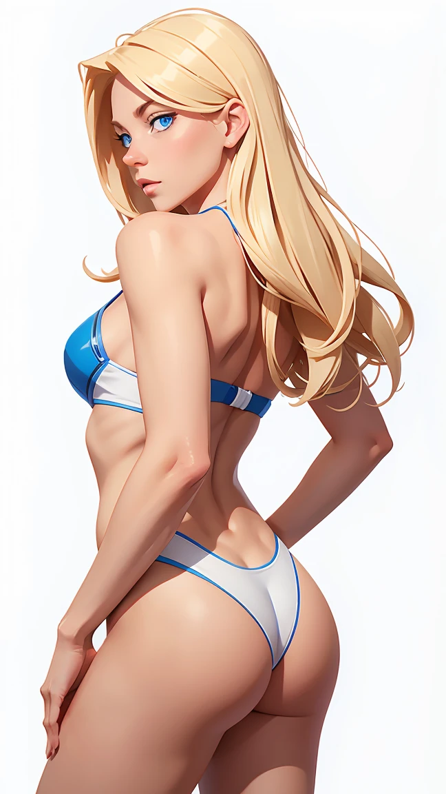 , Long blonde hair, blue eyes, concept art, white background, (front, side, and back orthographic views), looking camera, sexy pose