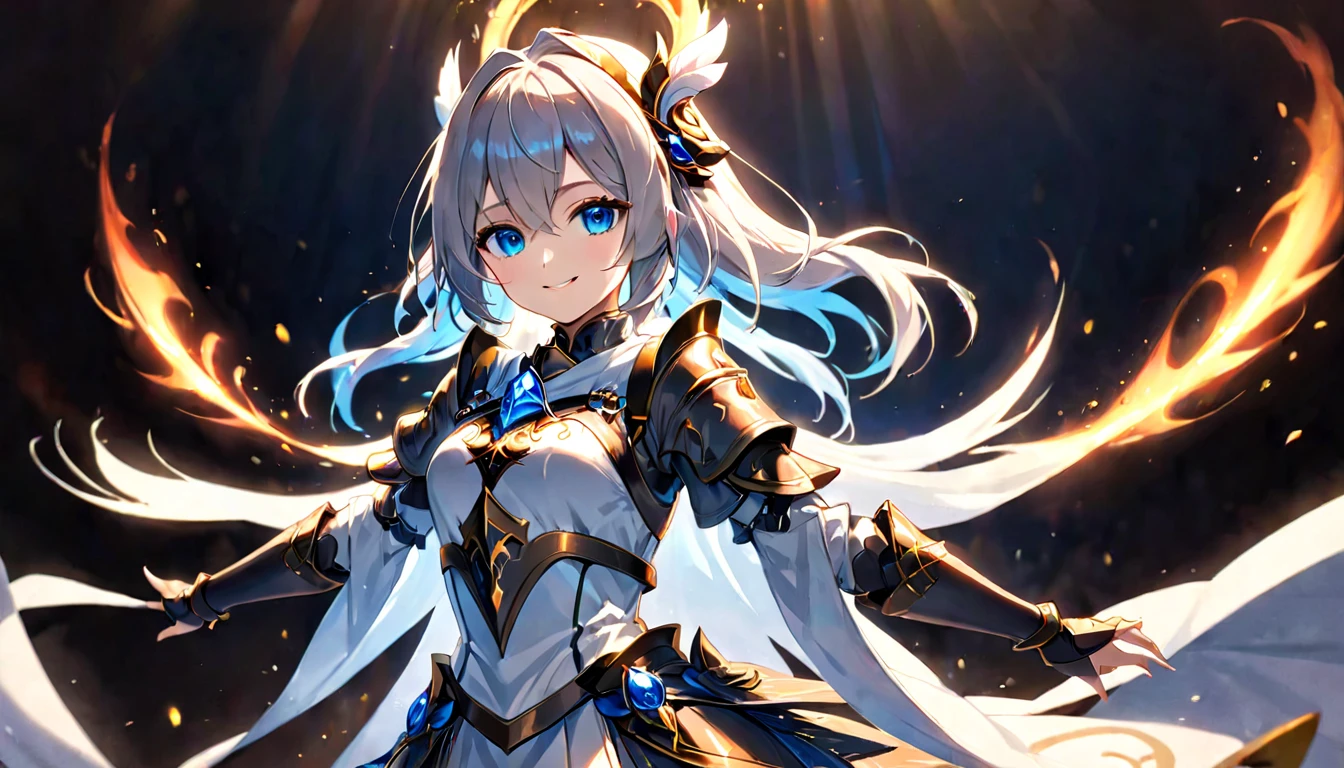 masterpiece, highest quality, Super detailed, figure,1 girl, looking at the viewer, highest quality,Depth of the bounds written,(closed mouth,light smile,blue eyes:1.1),beautiful delicate shine , (sacred costume:1.3),(put your hands behind your back:1.3),(turn your arms behind your back:1.3),burn (arknights),   