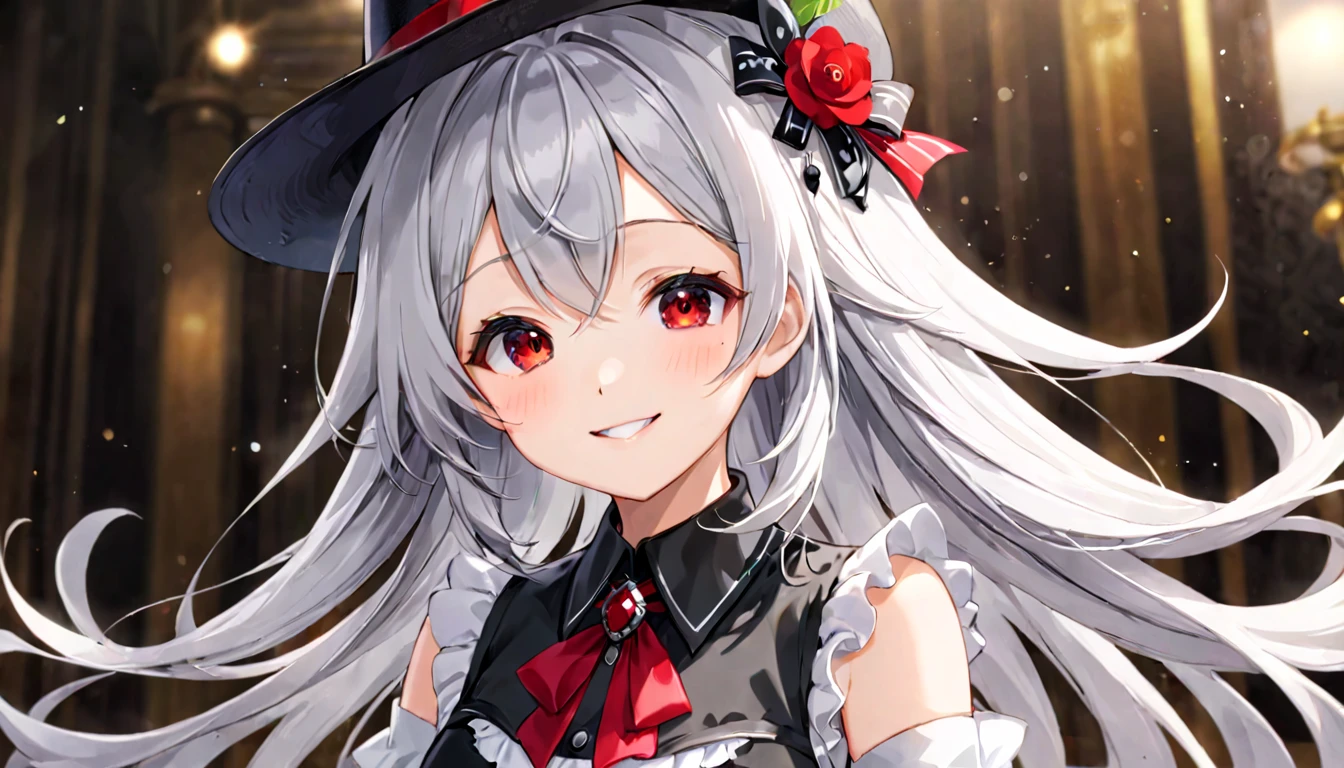 room,idol cloth,masterpiece,highest quality,gray hair, red eyes,white shirt,(Black formal hat),(hair clip:1.3),(small mouth mole:1.3),smile,High resolution,4k,black removable sleeves, Upper body,