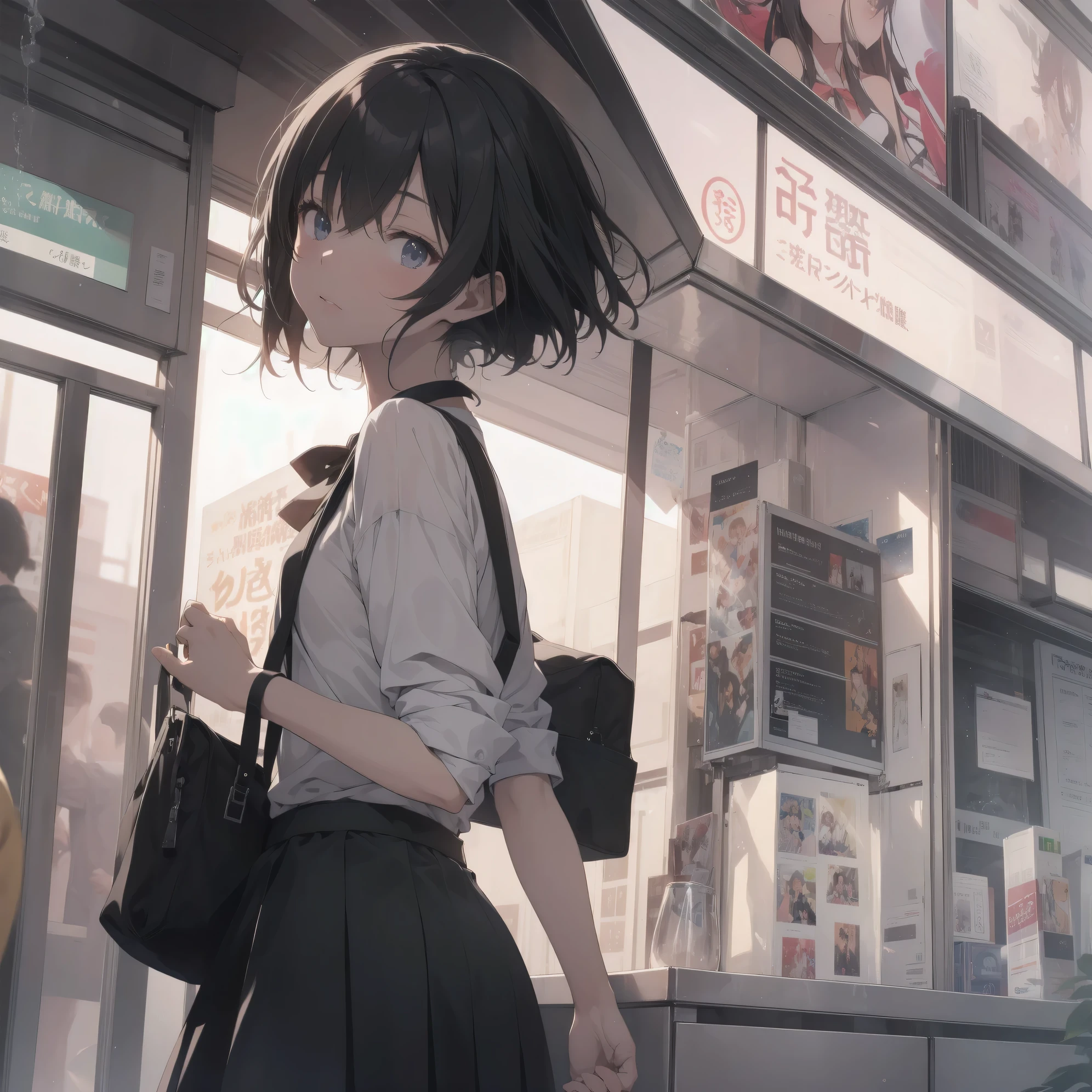 ultra-absurdres-Top quality by artist God, ultra-detailed, high resolution, anime moe artstyle, best anime 8k konachan wallpaper, pixiv contest winner, perfect anatomy,break, 1girl, (Please draw a girl walking sleepily to school alone. )break,(Solo,little female, 13-year-old:1.3),Full limbs, complete fingers,a junior high school student, Attractiveness of immature bodies, (very short hair), short cut, flat chest, , small butt, small black eyes, beautiful detailed eyes, well-proportioned iris and pupils, expressive eyes, highres detailed hair, soft expression, school_uniform, white shirt, pleated skirt,(Detailed Lighting), (Detailed background), in the School commute route. break,super detailed skin, Best cinematic lighting powered by famous artist, 8k,beauty illustration,photoshop_(medium),very aesthetic,break,((artist:tony taka )), artist:akinashi yuu ,artist:oyari ashito ,artist:kantoku ,