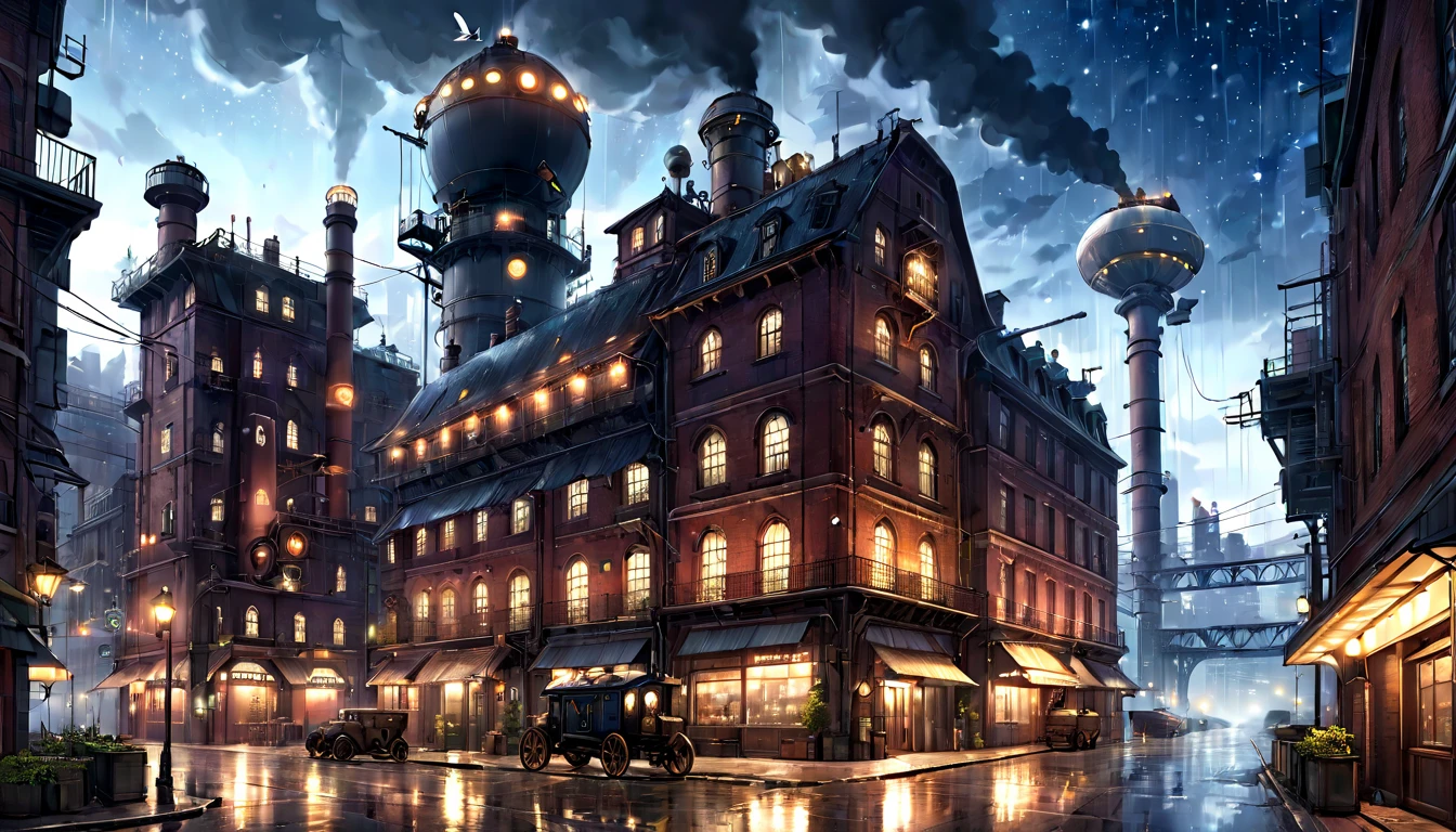 industrial city, surround with a wall, steampunk. There is an inn, residential place, ((airship)) In the sky, City Gate, rusty and heavy, cigarette, cigarette突, factory, gear, mechanical, tall building, tower, power of steam, steam pipe, street light, (bird's eye view), (at night, starry sky), (heavy rain), (intersection), (cinematic lighting:0.8, Super detailed, bloom)