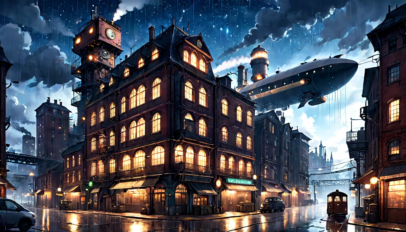 industrial city, surround with a wall, steampunk. There is an inn, residential place, ((airship)) In the sky, City Gate, rusty and heavy, cigarette, cigarette突, factory, gear, mechanical, tall building, tower, power of steam, steam pipe, street light, (bird&#39;s eye view), (at night, starry sky), (heavy rain), (intersection), (cinematic lighting:0.8, Super detailed, bloom)
