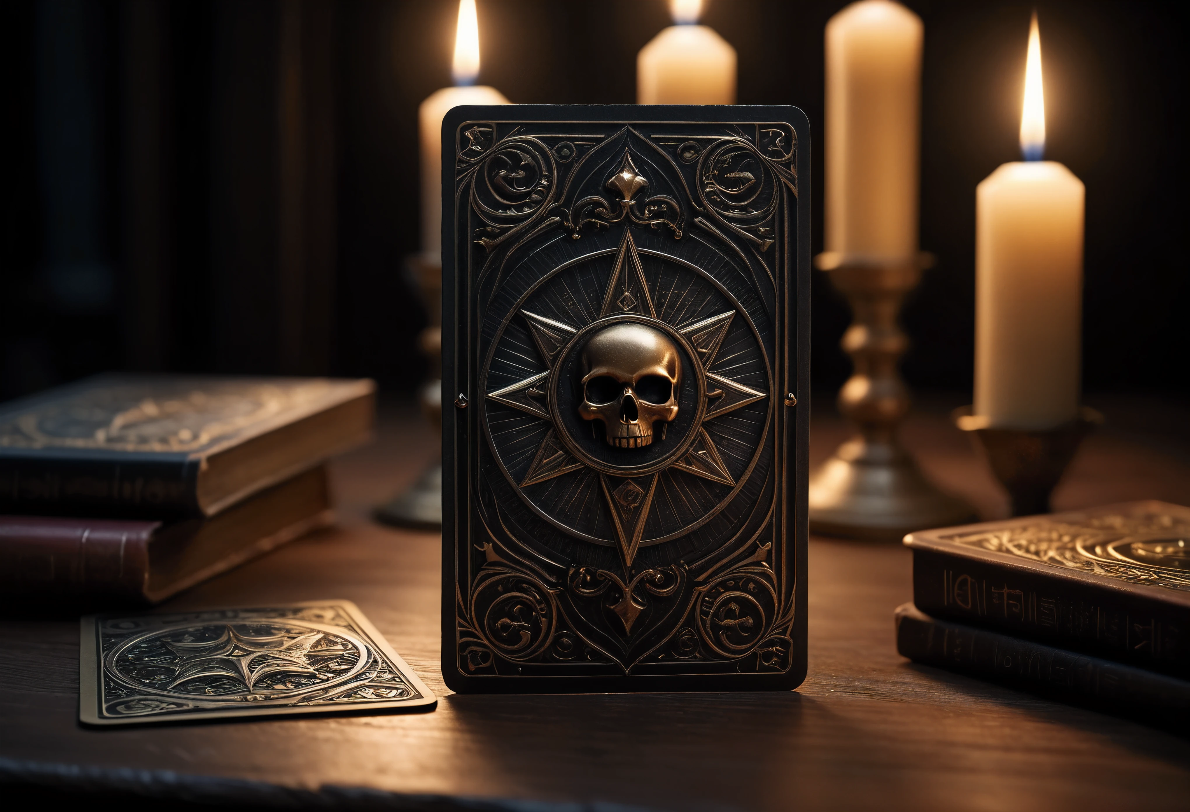 ((Masterpiece in maximum 16K resolution):1.6),((soft_color_photograpy:)1.5), ((Ultra-Detailed):1.4),((Movie-like still images and dynamic angles):1.3). | (Macro shot cinematic photo of Tarot Cards), ((Tarot cards):1.2), (Tarot table), (focus on tarot cards), (macro lens), (exotic antiques), (Dark Candles), (luminous object), (Mysterious atmosphere), (shimmer), (aesthetic DnD vase), (visual experience),(Realism), (Realistic),award-winning graphics, dark shot, film grain, extremely detailed, Digital Art, rtx, Unreal Engine, scene concept anti glare effect, All captured with sharp focus. | Rendered in ultra-high definition with UHD and retina quality, this masterpiece ensures anatomical correctness and textured skin with super detail. With a focus on high quality and accuracy, this award-winning portrayal captures every nuance in stunning 16k resolution, immersing viewers in its lifelike depiction. | ((perfect_composition, perfect_design, perfect_layout, perfect_detail, ultra_detailed)), ((enhance_all, fix_everything)), More Detail, Enhance.