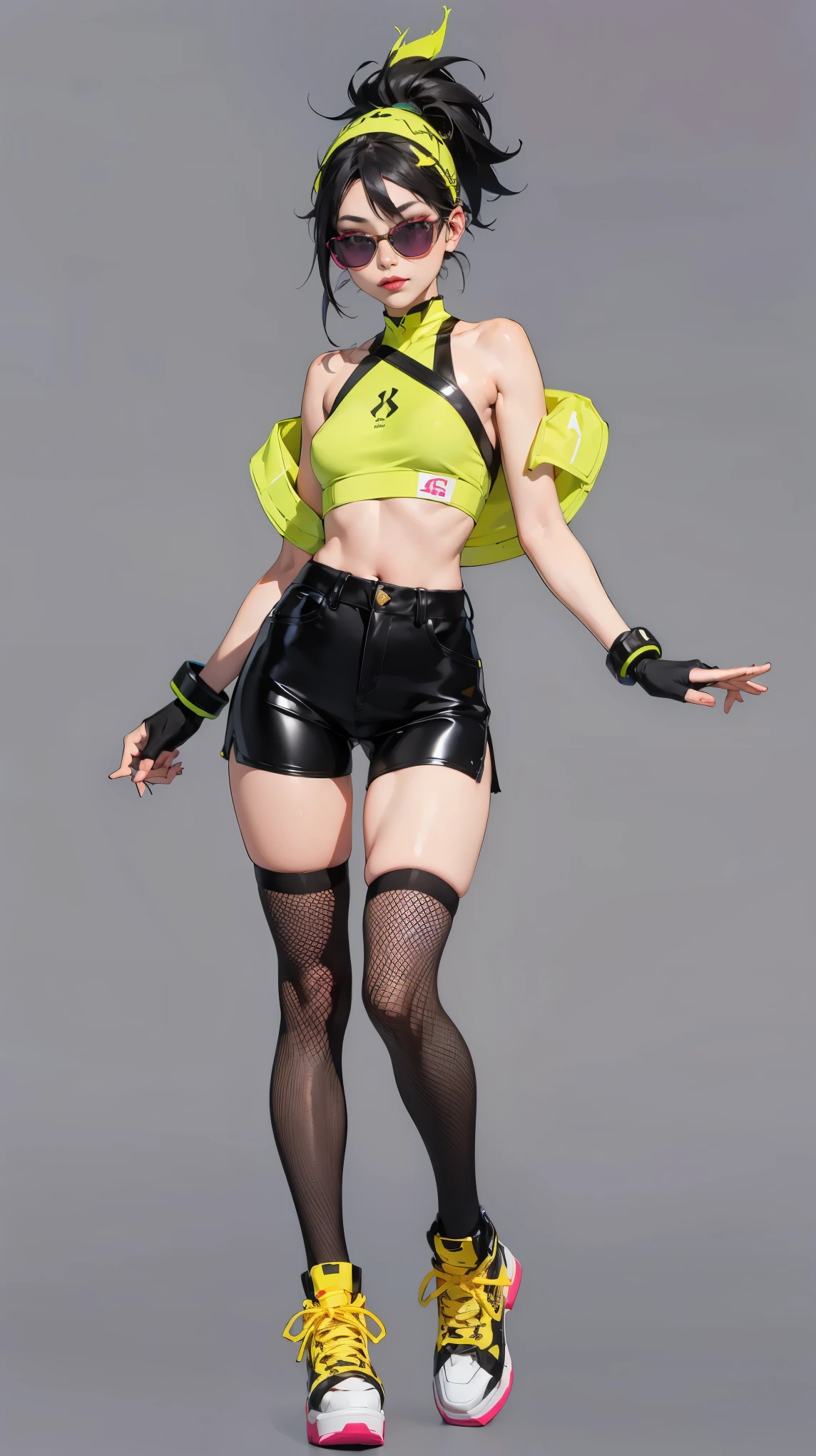 ((best quality,4k,highres,masterpiece:1.2)),((character concept art)), 1 female, 18-year-old Chinese girl, , ((black hair)), big fake , small slim body, perfect shape, heavy makeup, party-lover, luxury goods enthusiast, ((intricate detail)), super finely detailed hands, ultra finely detailed fingers(((ten fingers))), wearing EDM rave costume - neon crop top, high-waist shorts, fishnet tights, platform sneakers, LED gloves, candy bracelets, fuzzy leg warmers, light-up headband, reflective sunglasses, body glitter, (standing casually), (full body showcase), (show full body), (no logos on background), (no logo), ((plain background)), ((plain background)), (((empty background)))