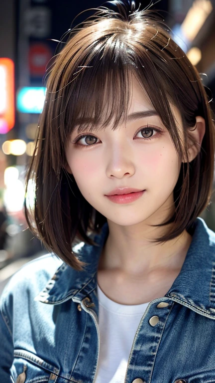 (((Shoulder-length straight brown hair mini bob)))、(((目が細くlight eye makeup)))、(((standing alone on the rider'Jacket and denim against the backdrop of the alleys of Kabukicho at night.)))、(((Please come wearing clothes that cover your arms.)))、Half Japanese and Korean、18 year old girl、independent、facing forward、light eye makeup、brown hair color、flat 、hair blowing in the wind、quality of actress、shiny, super realistic face、smileの表情、Moist eyes、look up、Calming lighting effects、 ultra-realistic capture、very detailed、High resolution 16K close-up of human skin。Skin texture must be natural、Must be so detailed that pores are visible、skin is healthy、Must be an even tone、Use natural light and color、High quality photos taken by a modeling agency'Exclusive photographer、smile