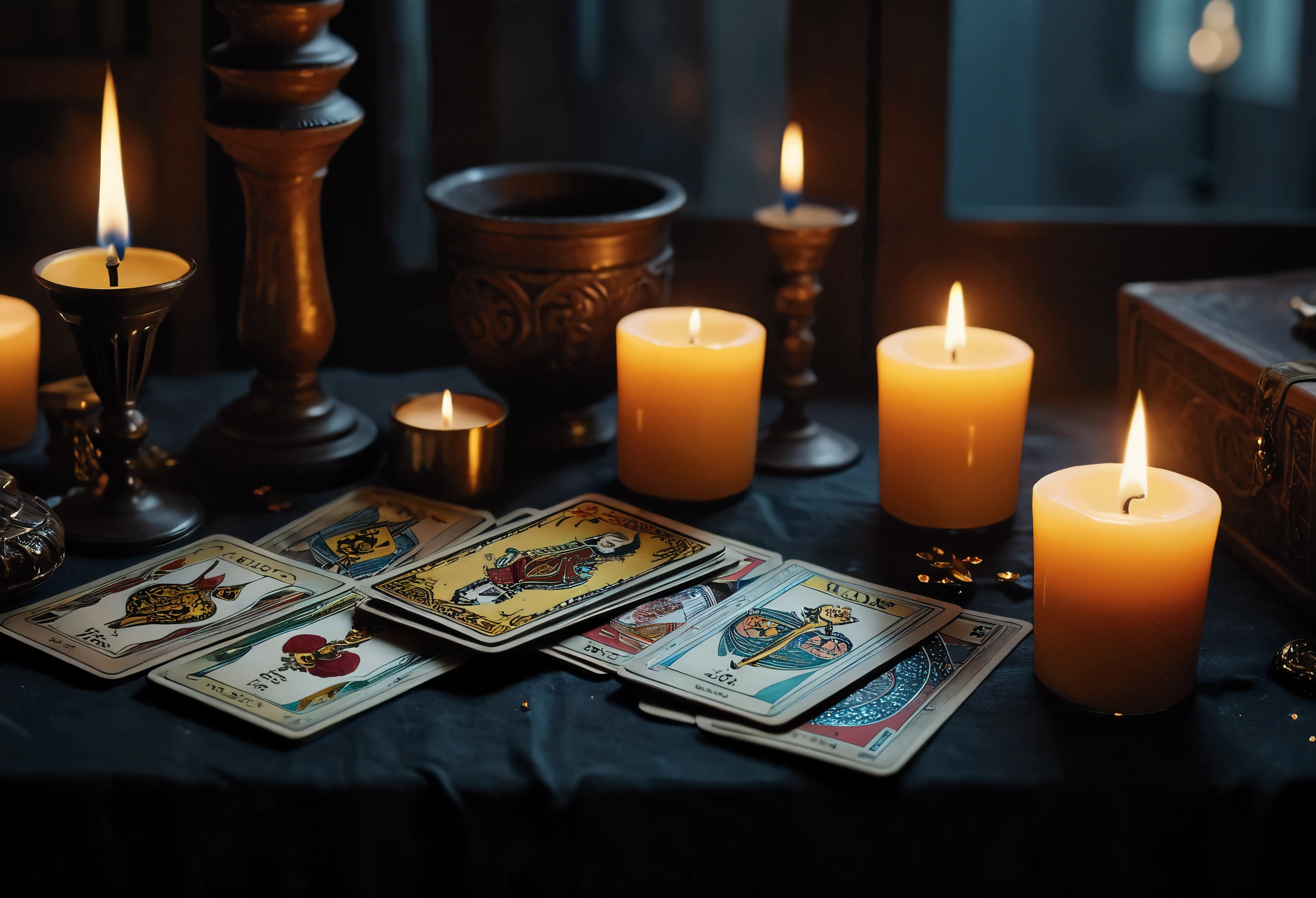 ((Masterpiece in maximum 16K resolution):1.6),((soft_color_photograpy:)1.5), ((Ultra-Detailed):1.4),((Movie-like still images and dynamic angles):1.3). | (Macro shot cinematic photo of Tarot Cards), ((Tarot cards):1.2), (Tarot table), (focus on tarot cards), (macro lens), (exotic antiques), (Dark Candles), (luminous object), (Mysterious atmosphere), (shimmer), (aesthetic DnD vase), (visual experience),(Realism), (Realistic),award-winning graphics, dark shot, film grain, extremely detailed, Digital Art, rtx, Unreal Engine, scene concept anti glare effect, All captured with sharp focus. | Rendered in ultra-high definition with UHD and retina quality, this masterpiece ensures anatomical correctness and textured skin with super detail. With a focus on high quality and accuracy, this award-winning portrayal captures every nuance in stunning 16k resolution, immersing viewers in its lifelike depiction. | ((perfect_composition, perfect_design, perfect_layout, perfect_detail, ultra_detailed)), ((enhance_all, fix_everything)), More Detail, Enhance.