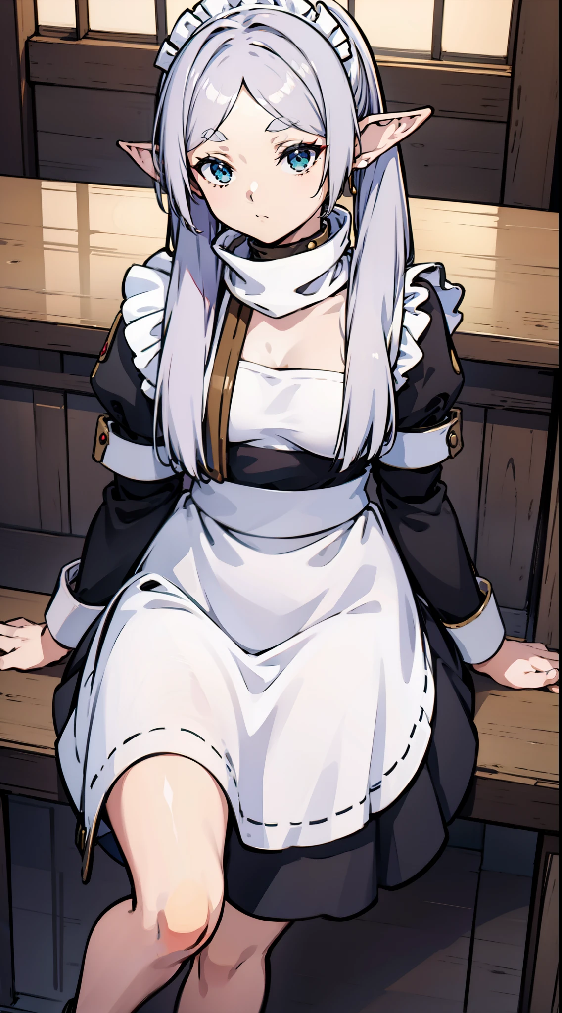 (Best quality, On a table),Sexy maid， teen girl，NSFW, 1 girl in, Green-eyed , ssmile, Hourglass figure, grey long hair，the maid outfit，dual horsetail, elvish ears、inside a room、small tit、Black background has the best quality, tmasterpiece, 1 slim girl, (Alone:1.1), ray traycing, ultra - detailed,Detailed faces, 8k wallpaper, Wide hips, Takashi Furi NDV, 1 slim girl, White hair, dual horsetail, eBlue eyes, mediuml breasts, Long gray hair, pointy ears, maids, Parted bangs, White shawl, White dress, obi strip, longer sleeves,  External, sitted, hooded, scarf, Yuki, Winters，Solemn maid outfit，lie，sitting down，A throne