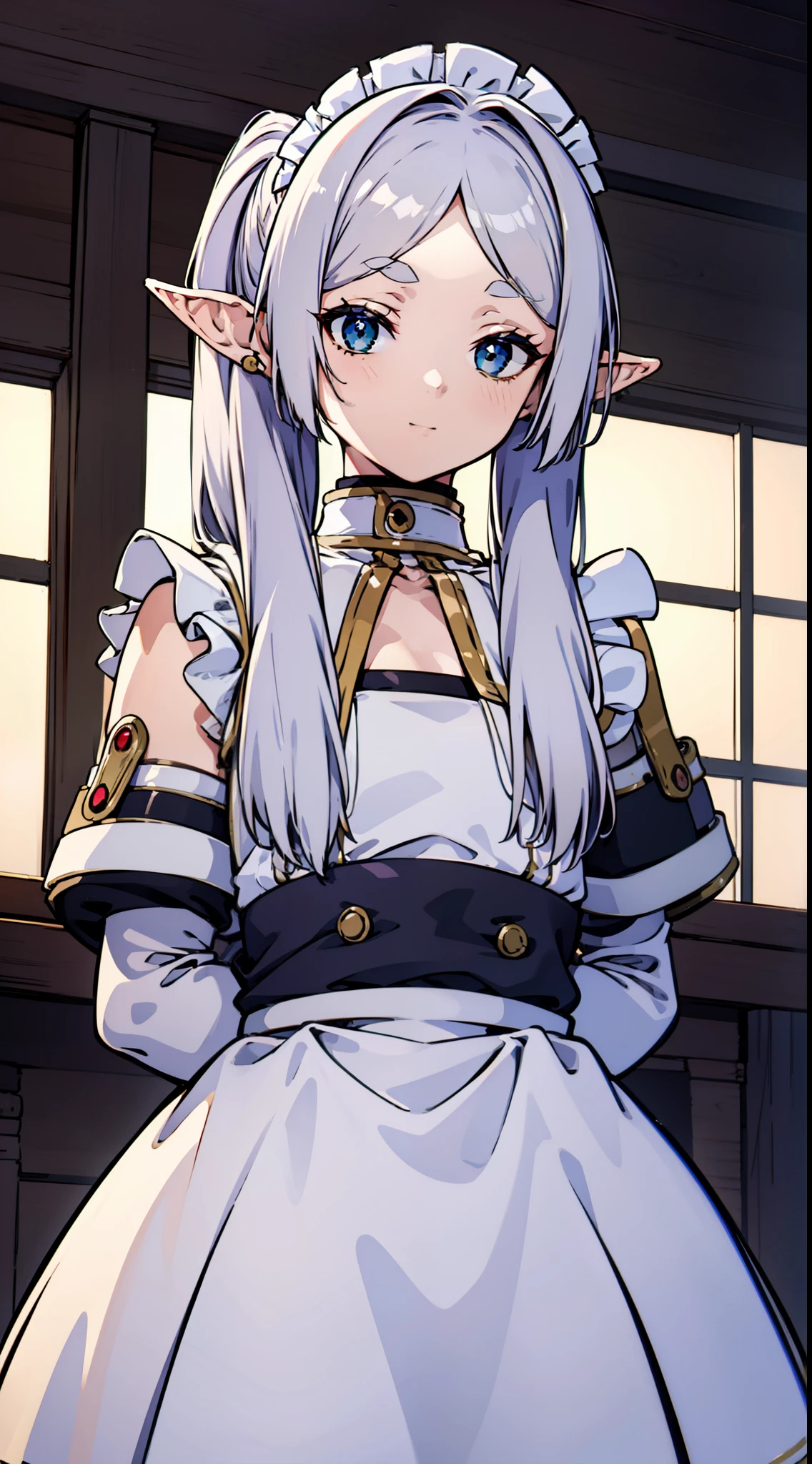 (Best quality, On a table),Sexy maid，  girl，NSFW, 1 girl in, Green-eyed , ssmile, Hourglass figure, grey long hair，the maid outfit，dual horsetail, elvish ears、inside a room、small tit、Black background has the best quality, tmasterpiece, 1 slim girl, (Alone:1.1), ray traycing, ultra - detailed,Detailed faces, 8k wallpaper, Wide hips, Takashi Furi NDV, 1 slim girl, White hair, dual horsetail, eBlue eyes, mediuml breasts, Long gray hair, pointy ears, maids, Parted bangs, White shawl, White dress, obi strip, longer sleeves,  External, sitted, hooded, scarf, Yuki, Winters，Solemn maid outfit，lie，sitting down，A throne