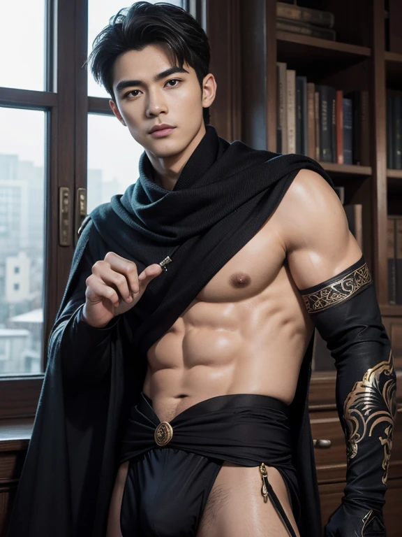 top-quality、​masterpiece、超A high resolution、(realisitic:1.4)、Detailed face、solo、１human male、The upper part of the body、Dark hair、glistning skin、dense skin、(asian human)、architectural、(absurderes、hight resolution、ultra-detailliert)、、1 male、Adults、(a 25-year-old man)、a handsome、tall muscular man、broad shoulder、extra very short hair、angular jaws、thick neck、thick eyebrow、extra very short hair、A dark-haired、fine eyes and detailed face、 Highly detailed CG Unity 8K wallpapers、intricate-detail、(Style Swirl Magic:0.7)、looking at the spectator、solo、(full body Esbian:0.6)、Detailed background、A detailed face、dynamicposes、、dynamic compositions、 big muscle、、((((bulge))))、a handsome、 ((masutepiece:1.4, Best Quality)), ((masutepiece, Best Quality)), (photographrealistic:1.4)、(((Sorcerer)))、grin, Surfing,、a smirk、Sunny and cloudy sky、(Complex blue long sleeve enchantment costume), scarf, the costume is too much revealing the tskin and thighs, fantasy Library Background:1.2), Photorealistic、cana、magic circles , extra short hair , handsome man