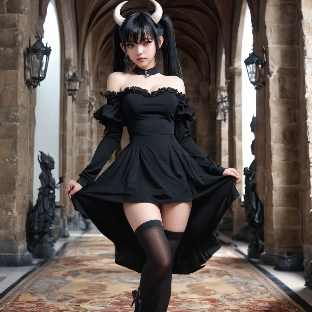 1girl, goth punk haircut, gothic dress, facing viewer, large breasts, skirtlift