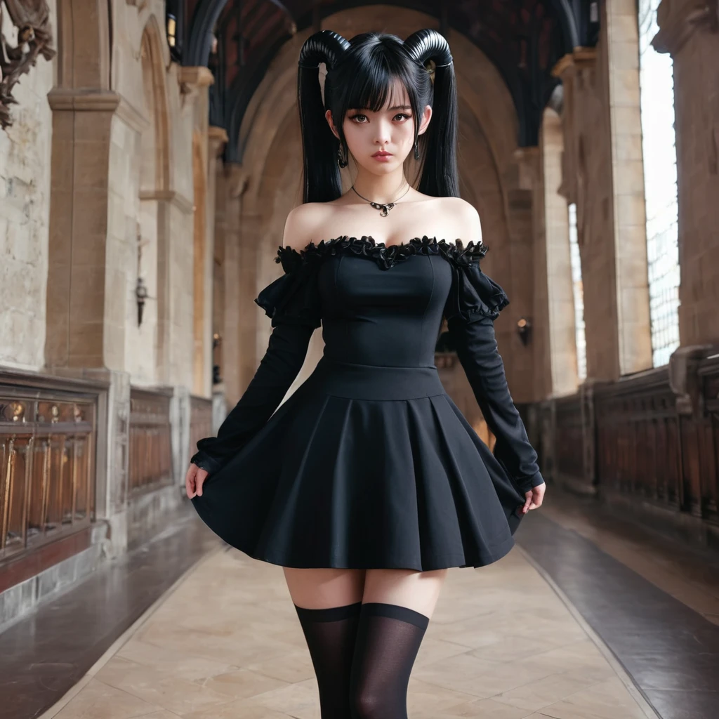 Masterpiece, Improved quality, High quality, Good anatomy, Well-formed hands, Healthy body, Intact fingers, Normal digits, Girls, 16k quality, perfect body, twintail hair, black hair, shoulder length hair, off shoulder black dress, stockings, shoes, demon girl, horns, demon ear, earring, elegant, small breasts, both hands on hips, angry face but jealous and annoyed, beautiful, full body on images, in the main hall castle