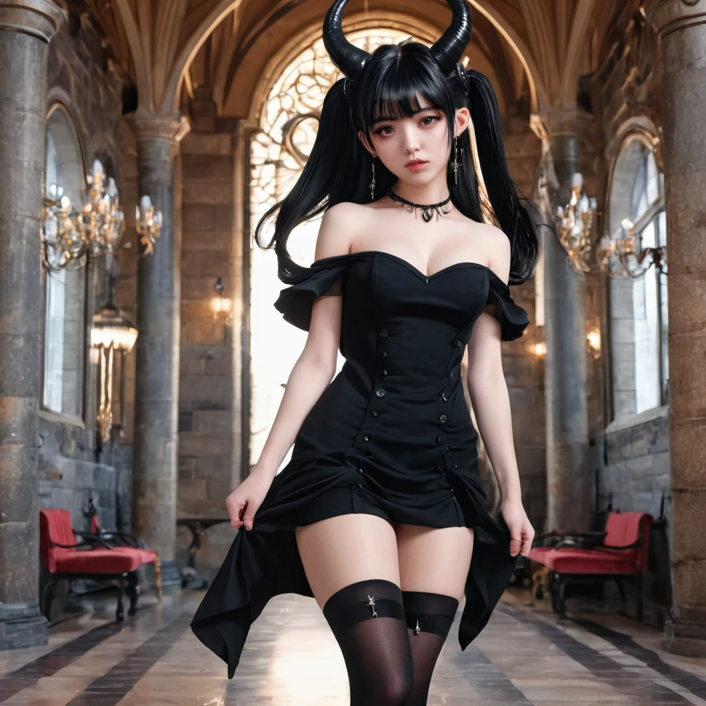 Masterpiece, Improved quality, High quality, Good anatomy, Well-formed hands, Healthy body, Intact fingers, Normal digits, Girls, 16k quality, perfect body, twintail hair, black hair, shoulder length hair, off shoulder black dress, stockings, shoes, demon girl, horns, demon ear, earring, elegant, small breasts, both hands on hips, angry face but jealous and annoyed, beautiful, full body on images, in the main hall castle