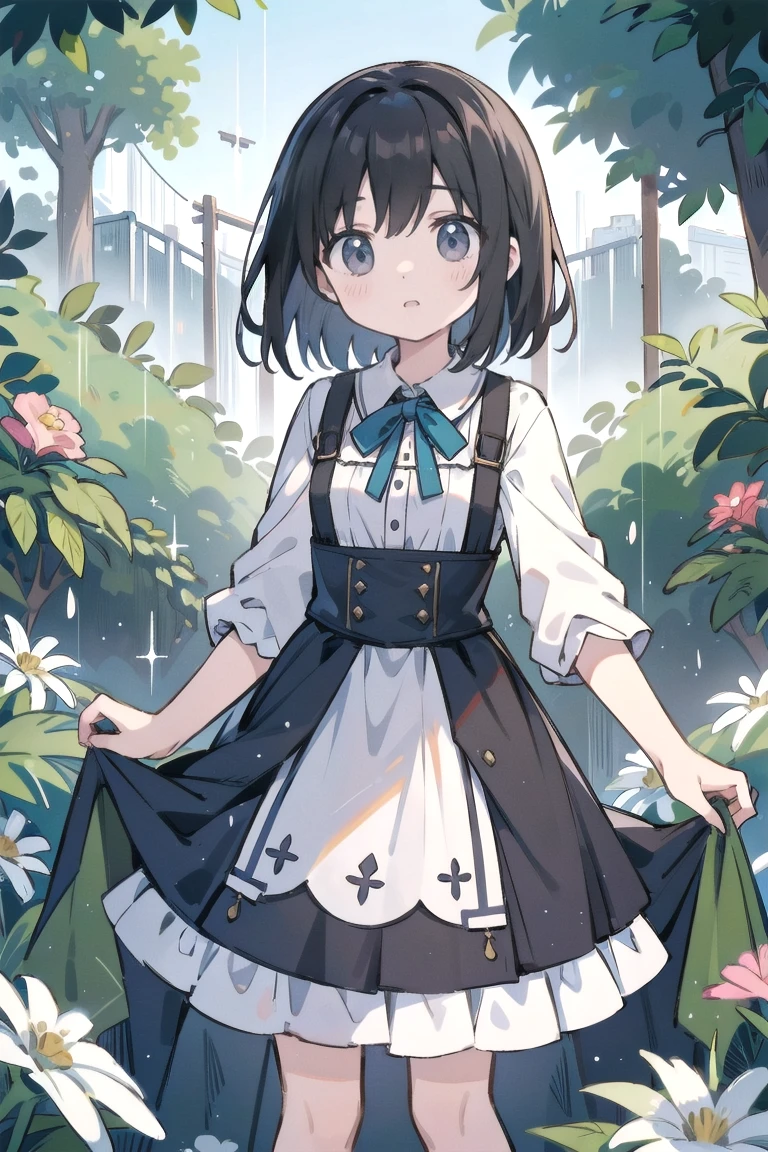 Nakahara_Misaki, 1 garota, Vestido preto, vestido de gola, tiro de vaqueiro, dia, segurando guarda-chuva, guarda-chuva branco, inclinando-se para frente, vestido longo, mangas compridas, olhando para o espectador, ao ar livre, tree,