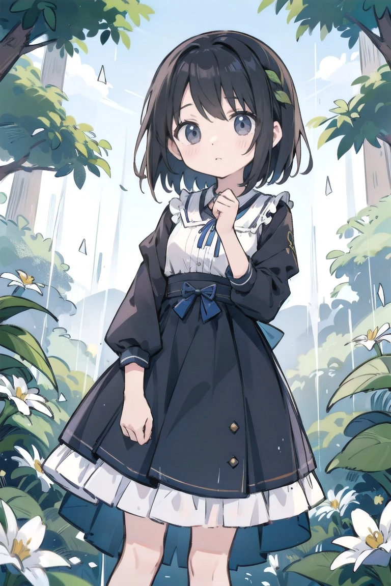 Nakahara_Misaki, 1 garota, Vestido preto, vestido de gola, tiro de vaqueiro, dia, segurando guarda-chuva, guarda-chuva branco, inclinando-se para frente, vestido longo, mangas compridas, olhando para o espectador, ao ar livre, tree, 