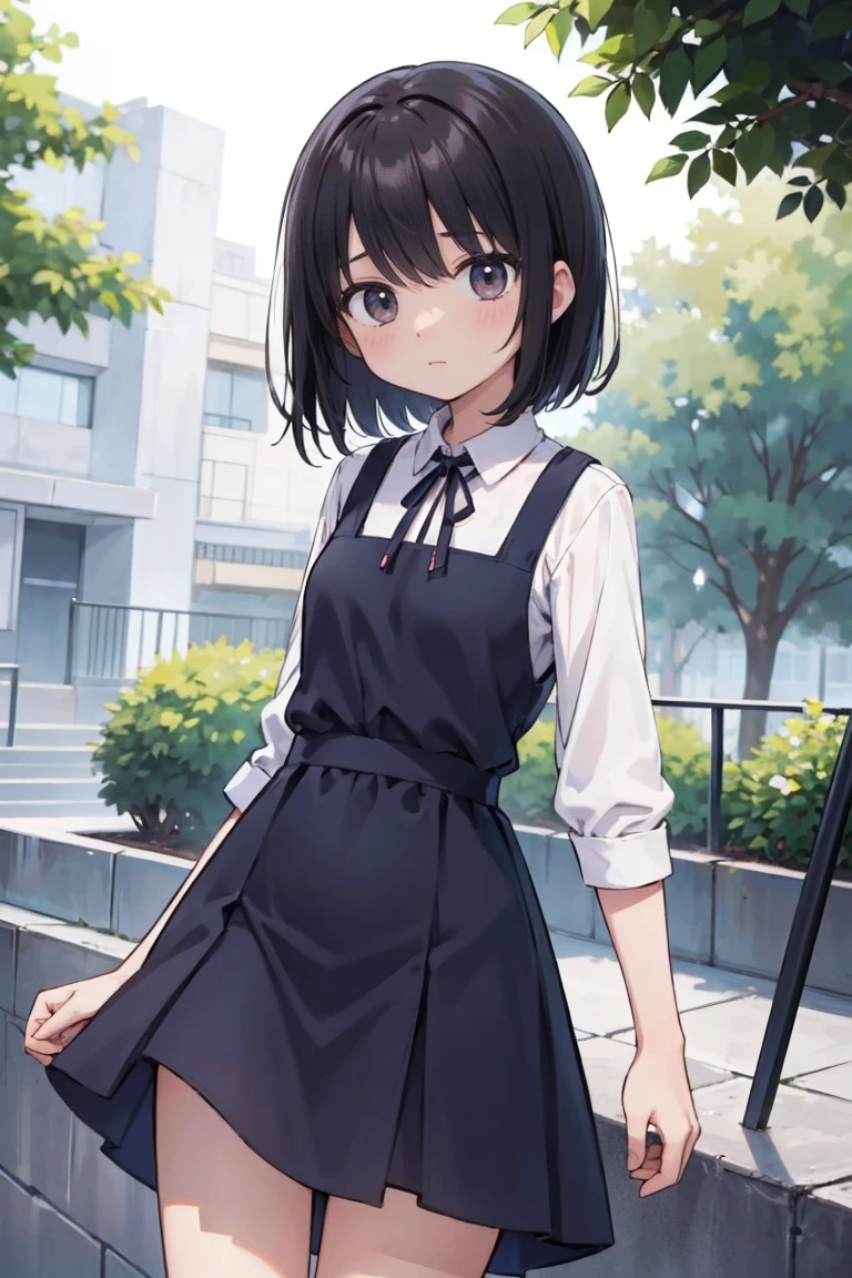 Nakahara_Misaki, 1 garota, Vestido preto, vestido de gola, tiro de vaqueiro, dia, segurando guarda-chuva, guarda-chuva branco, inclinando-se para frente, vestido longo, mangas compridas, olhando para o espectador, ao ar livre, tree, 