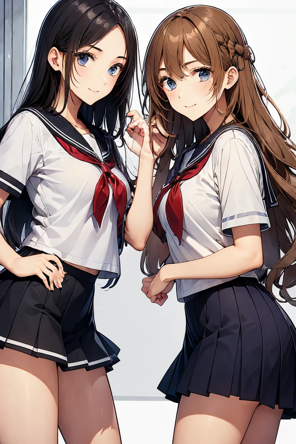 Two high school girls playing with each other、seductive smile、classroom