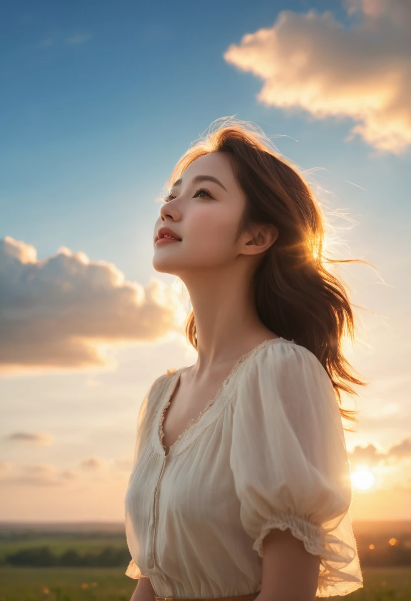 masterpiece, highest quality, movie stills, 1 girl, Cloud Girl, floating in the sky, close, bright, Happy, warm and soft lighting, sunset, (spark:0.7)