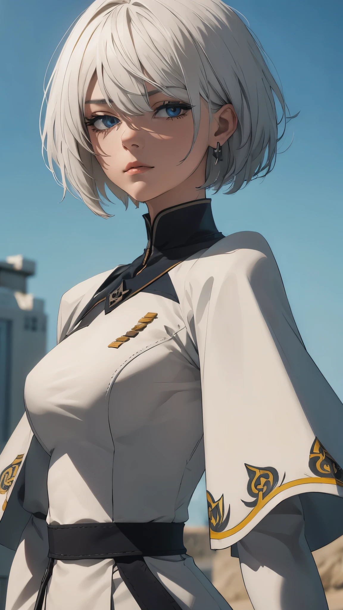 extremely detailed CG unity 8k wallpaper), (masterpiece), (best quality), (ultra-detailed), (best illustration), (best shadow), (absurdres) ,(detailed eyes), 2b, 1girl, short hair, white hair, solo, Intimidating women, admiral uniform, night, hero pose, white clothes, General Uniform, Military Uniform, Sunlight, exposed to sunlight,commander, fighting pose, wearing cape