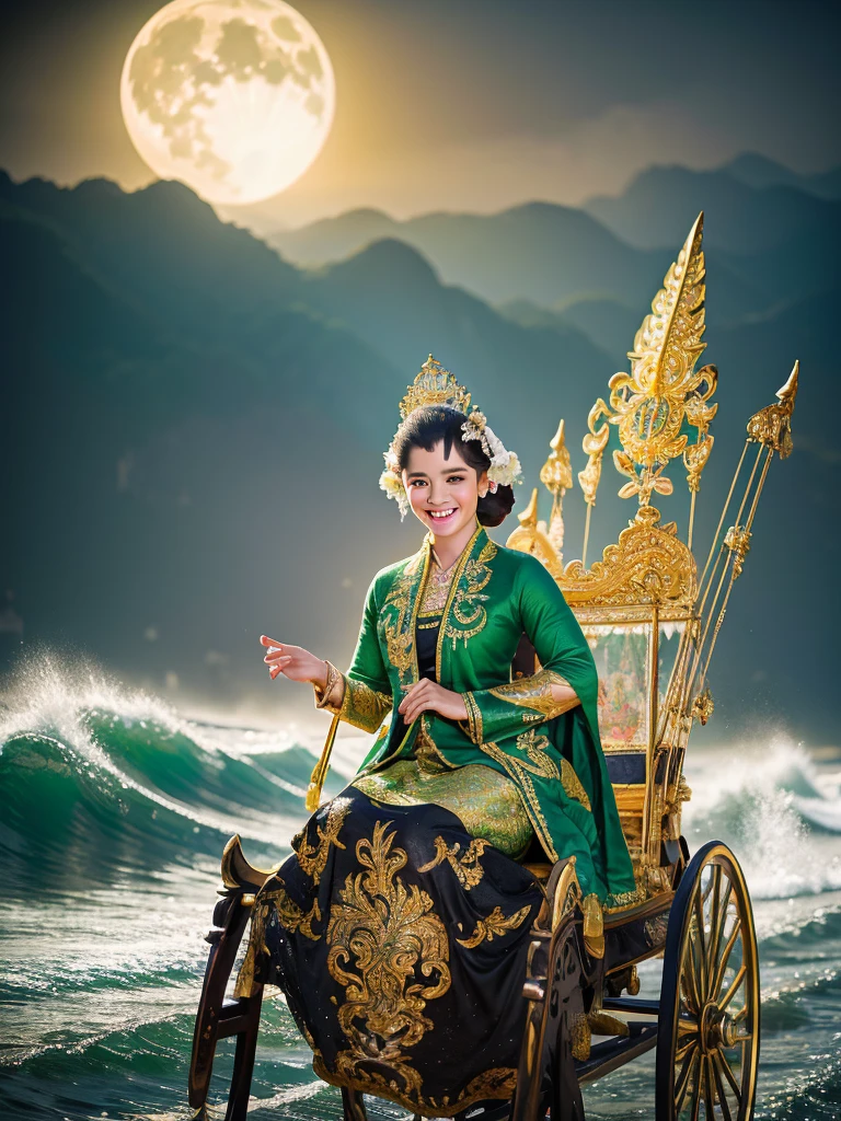 Create fantastic and epic images that are real. A beautiful and charming Javanese female character, with a sweet smile. Sitting on a carriage pulled by four white horses. This woman is wearing traditional Javanese clothing complete with a small crown and a green kemben/camisole with gold sequin Javanese carved motifs, as well as a shawl. The green color ties the camisole and white batik cloth skirt with a small black motif. The carriage looked majestic, with Javanese gold dragon carvings curling around it. The background of the image shows the atmosphere of foggy beach waves with the silhouettes of trees and mountains, and the moon illuminating it. A mysterious and magical atmosphere is created by the combination of color and lighting. horse train running in the ocean breaking through big waves. Ultra HD, HD, realistic, 65K