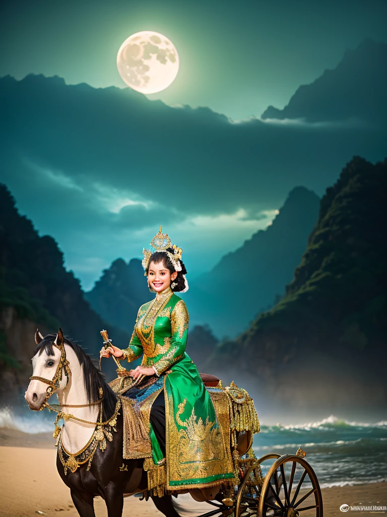 Create fantastic and epic images that are real. A beautiful and charming Javanese female character, with a sweet smile. Sitting on a carriage pulled by four white horses. This woman is wearing traditional Javanese clothing complete with a small crown and a green kemben/camisole with gold sequin Javanese carved motifs, as well as a shawl. The green color ties the camisole and white batik cloth skirt with a small black motif. The carriage looked majestic, with Javanese gold dragon carvings curling around it. The background of the image shows the atmosphere of foggy beach waves with the silhouettes of trees and mountains, and the moon illuminating it. A mysterious and magical atmosphere is created by the combination of color and lighting. horse train running in the ocean breaking through big waves. Ultra HD, HD, realistic, 65K