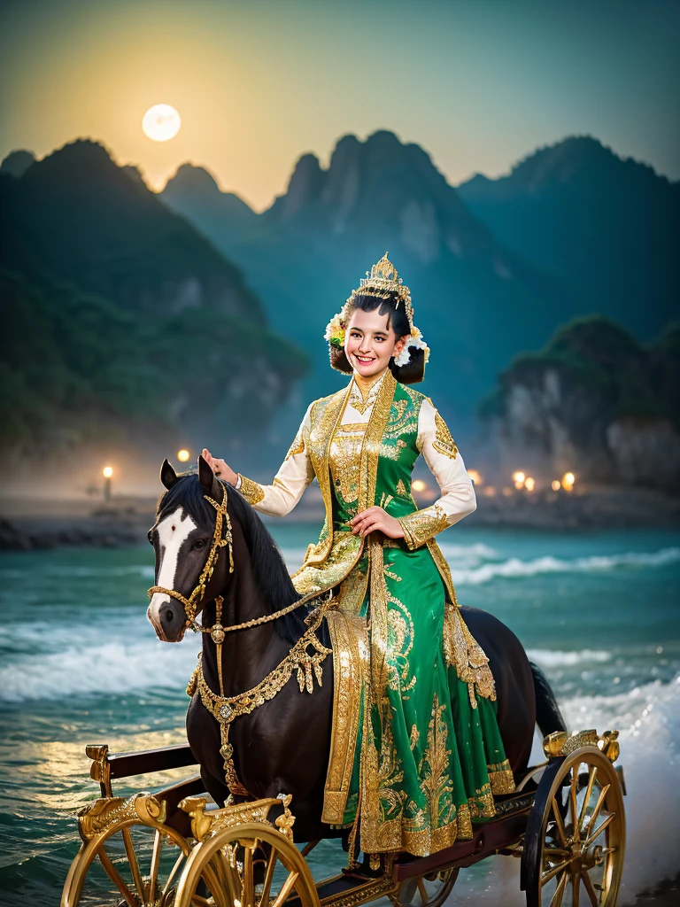 Create fantastic and epic images that are real. A beautiful and charming Javanese female character, with a sweet smile. Sitting on a carriage pulled by four white horses. This woman is wearing traditional Javanese clothing complete with a small crown and a green kemben/camisole with gold sequin Javanese carved motifs, as well as a shawl. The green color ties the camisole and white batik cloth skirt with a small black motif. The carriage looked majestic, with Javanese gold dragon carvings curling around it. The background of the image shows the atmosphere of foggy beach waves with the silhouettes of trees and mountains, and the moon illuminating it. A mysterious and magical atmosphere is created by the combination of color and lighting. horse train running in the ocean breaking through big waves. Ultra HD, HD, realistic, 65K