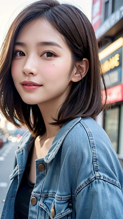 (((Shoulder-length straight brown hair mini bob)))、(((目が細くlight eye makeup)))、(((standing alone on the rider'Jacket and denim against the backdrop of the alleys of Kabukicho at night.)))、(((Please come wearing clothes that cover your arms.)))、Half Japanese and Korean、18 year old girl、independent、facing forward、light eye makeup、brown hair color、flat 、hair blowing in the wind、quality of actress、shiny, super realistic face、smileの表情、Moist eyes、look up、Calming lighting effects、 ultra-realistic capture、very detailed、High resolution 16K close-up of human skin。Skin texture must be natural、Must be so detailed that pores are visible、skin is healthy、Must be an even tone、Use natural light and color、High quality photos taken by a modeling agency'Exclusive photographer、smile