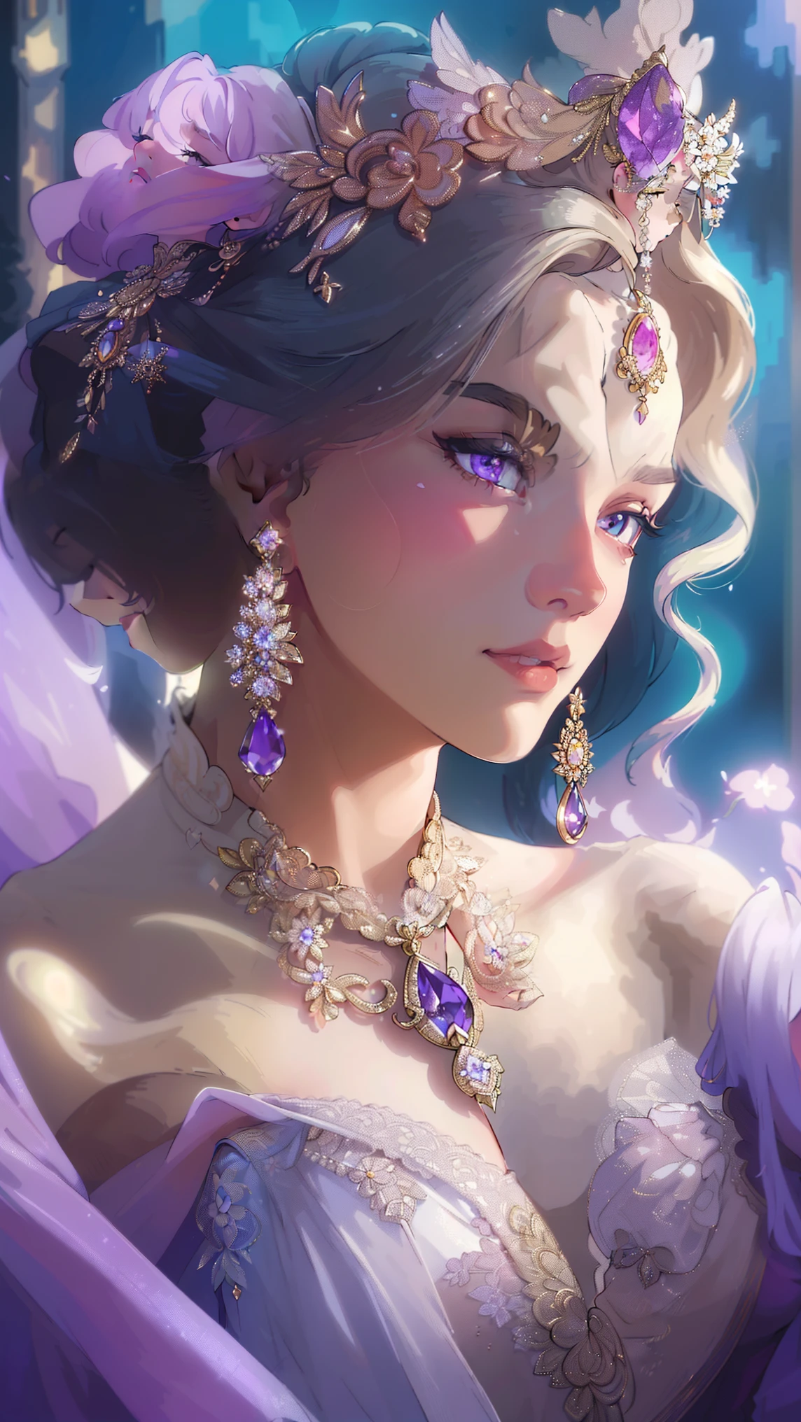 (Best quality,8K,A high resolution,Masterpiece:1.2),Ultra-detailed,(Realistic,Photorealistic,photo-realistic:1.37),Portrait,Creative style artwork,Historical,classical,Sophisticated,plethora of colors,Highly detailed,Soft lighting,luxurious environment,Delicate fairy flowing dress,Vibrant flowers,detailed jewellery,Ethereal atmosphere,Elegant Pose,Graceful curves,Gold body proportionlowing hair,Breathtaking textile patterns,Clear shiny purple eyes,Delicate floral decoration,(Beautiful large breasts)A dazzling array of crystal diamond fittings,Mysterious and dreamy atmosphere,Impeccable attention to detail.