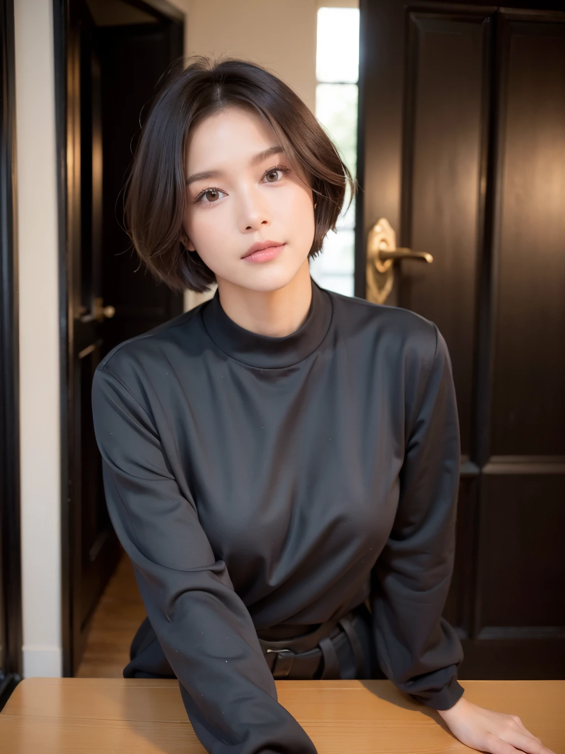 patterned long sleeve dress、table top、(background black wall、Taken in front of the black door:1.4)、((highest quality、8K、masterpiece:1.3))、Japanese woman in her 38s、ultra high resolution、(photogenuineistic:1.4)、Raw photo、Japanese,(face)、genuine、Photographed in natural light、Highly detailed face and skin texture、highly detailed lips、correct state of the human body、shortcut、short hair、short hair、brown hair、various poses、natural color lip、(横face:1.5)、(Comme des Garçons、Yoji Yamamoto:1.4)