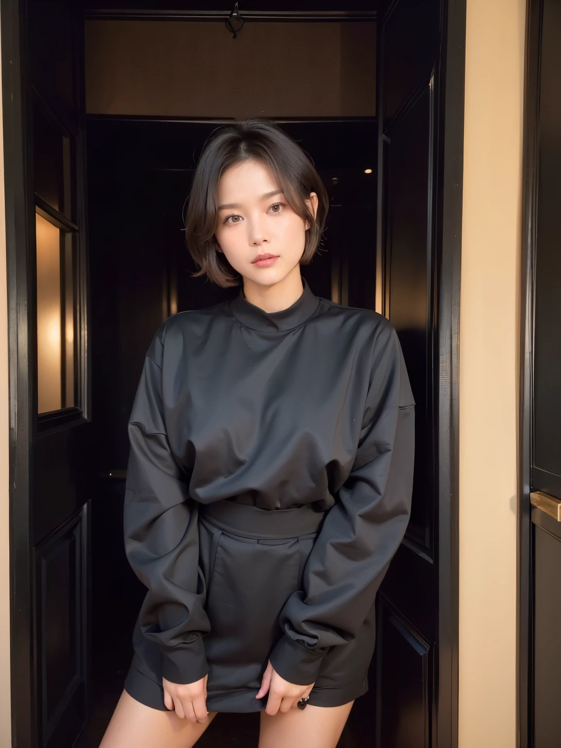 patterned long sleeve dress、table top、(background black wall、Taken in front of the black door:1.4)、((highest quality、8K、masterpiece:1.3))、Japanese woman in her 38s、ultra high resolution、(photogenuineistic:1.4)、Raw photo、Japanese,(face)、genuine、Photographed in natural light、Highly detailed face and skin texture、highly detailed lips、correct state of the human body、shortcut、short hair、short hair、brown hair、various poses、natural color lip、(横face:1.5)、(Comme des Garçons、Yoji Yamamoto:1.4)