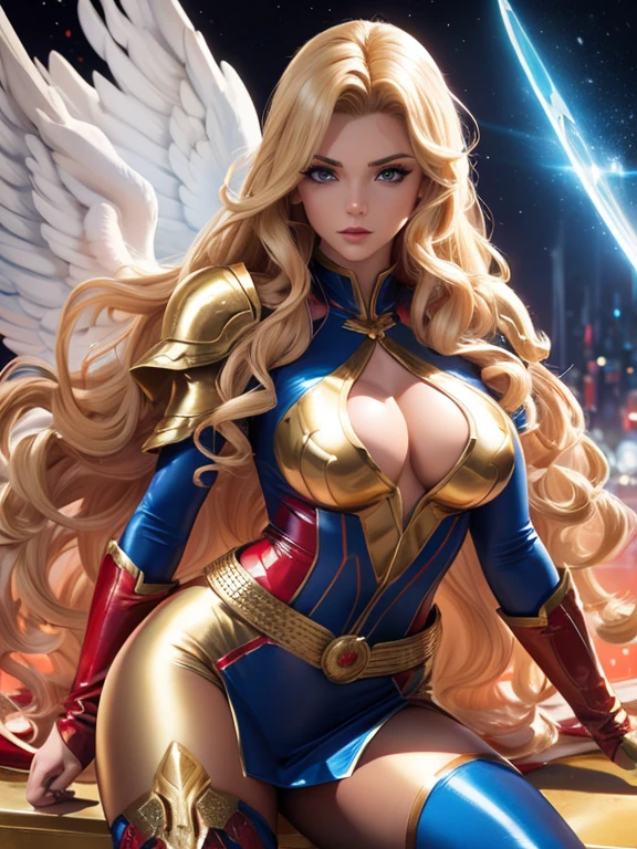 Best quality, 8K, action pose,woman vintage super hero, beautiful and detailed face, blonde curly long hair,big eyelashes,holding a gold sword,big angel wings,LOOKING TO observer,red and blue metalic armour over bodystocking, SHINY GLOSSY PANTYHOSE,black belt,over the knee boots,white neutral scenario