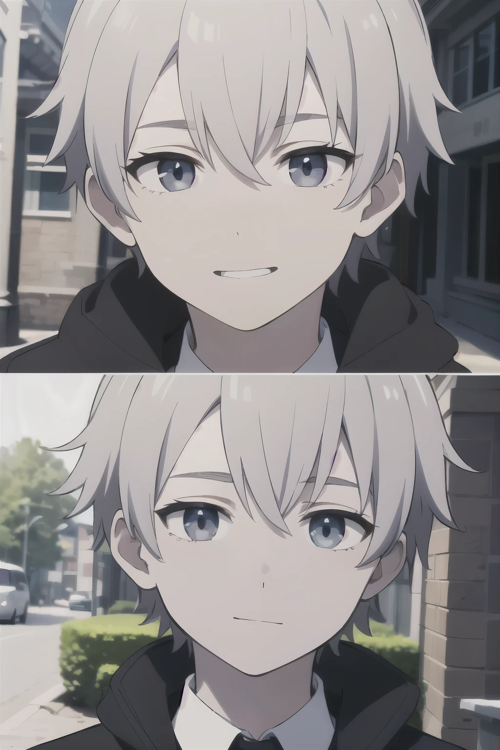 14 year old boy, alone, (masterpiece,Two dimensions, super quality, High resolution, 8K, complex: 1.2), (Detailed face:1.2), Handsome, ,White skin, , Delicate skin, 14 year old boy, ((actual)), male focus, ((actual)), ((pale skin)), , Handsome,1 boy, white hair,short hair,have, gray eyes, Off the street, deep eyes,Vest, looking at the audience, Smile, Shota , (masterpiece), (best quality:1),