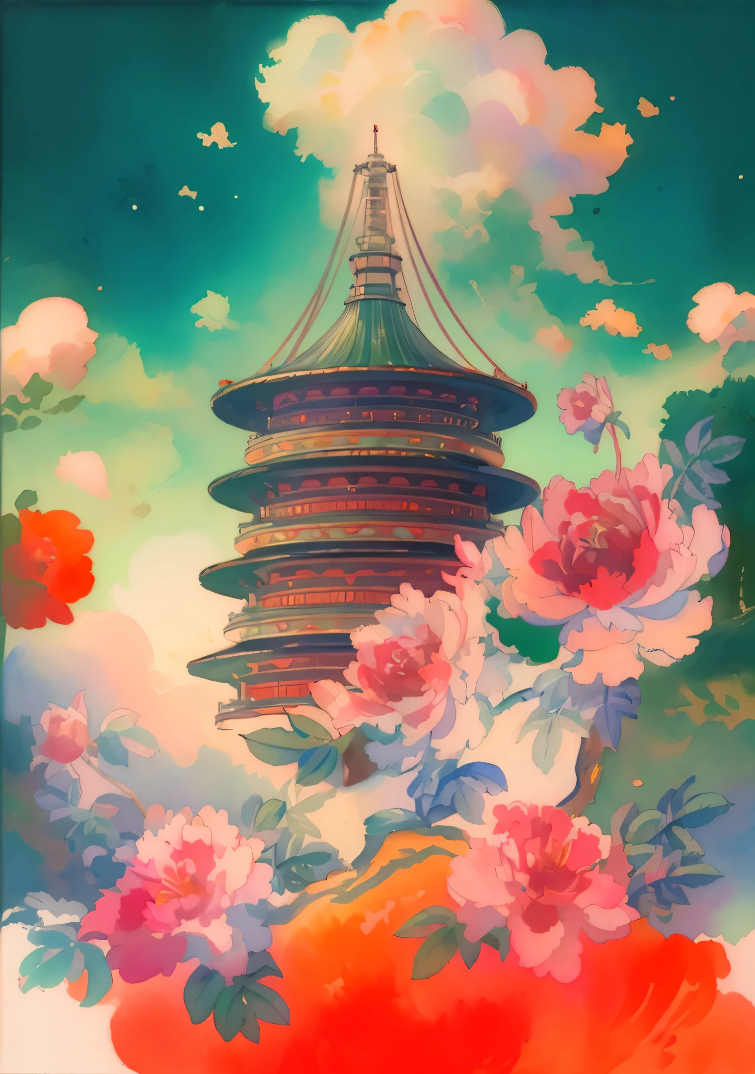 tower，green leaves，Red orange peony flower，ink，watercolor，Fresh painting style，clear bright sky，looking up perspective，Super detailed，Highly realistic，masterpiece，8K，ultra high definition，